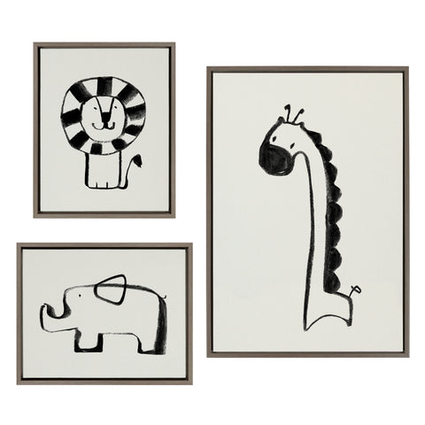 Sylvie 390 Giraffe BW, 409 Lion BW and 400 Elephant BW Framed Canvas Art Set by Teju Reval of SnazzyHues