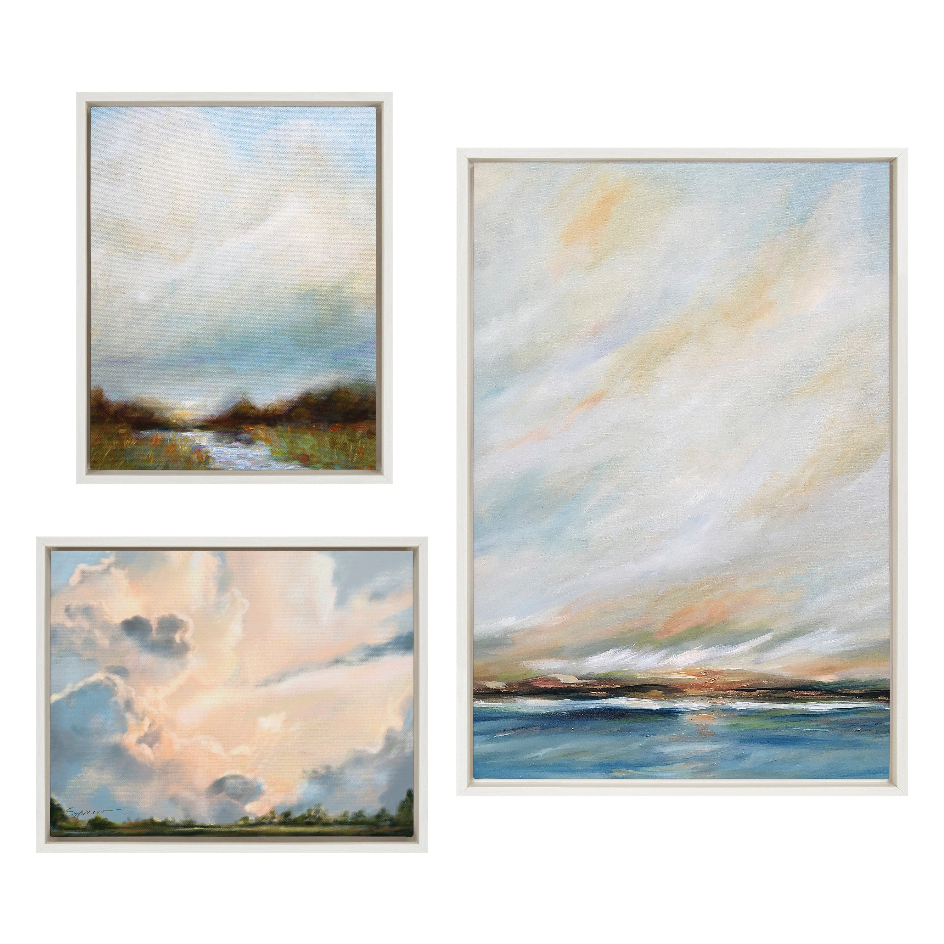 Sylvie Sunday Morning, Tranquility and Clouds Framed Canvas Art Set by Mary Sparrow
