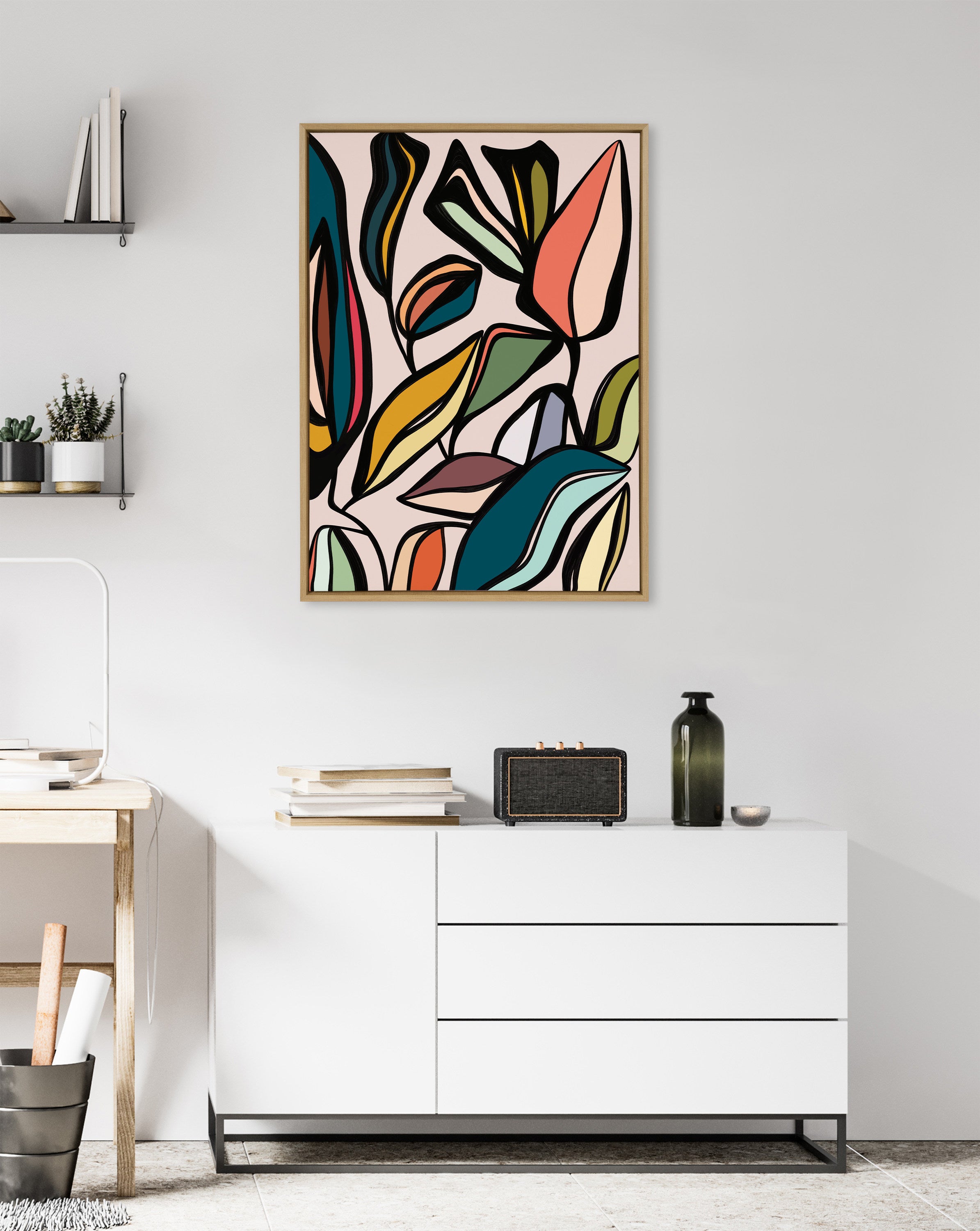 Quadro Su Tela Incorniciato 'Fanciful Ficus 2' – Stampa Artistica Di Alicia Bock, Foglie Colorate, 71x96 Cm, Cornice Naturale - 2