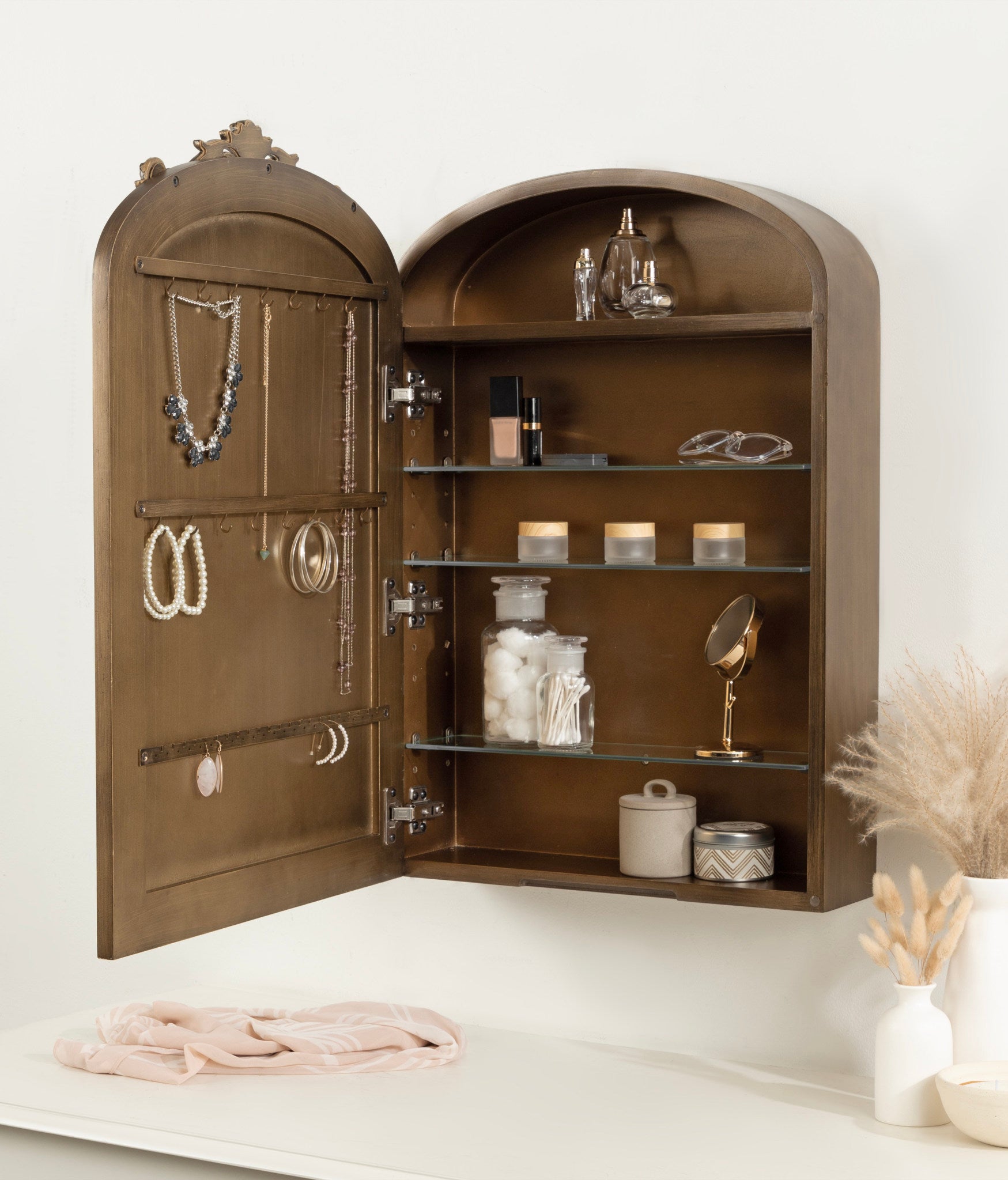 Kate and Laurel Arendahl Arched Jewelry Cabinet with MIrror 20 x 6 x 30 Gold Mirrored Arch Wall Cabinet for Bathroom Storage or Bedroom Jewelry Station with Soft Close Hinges kateandlaurel