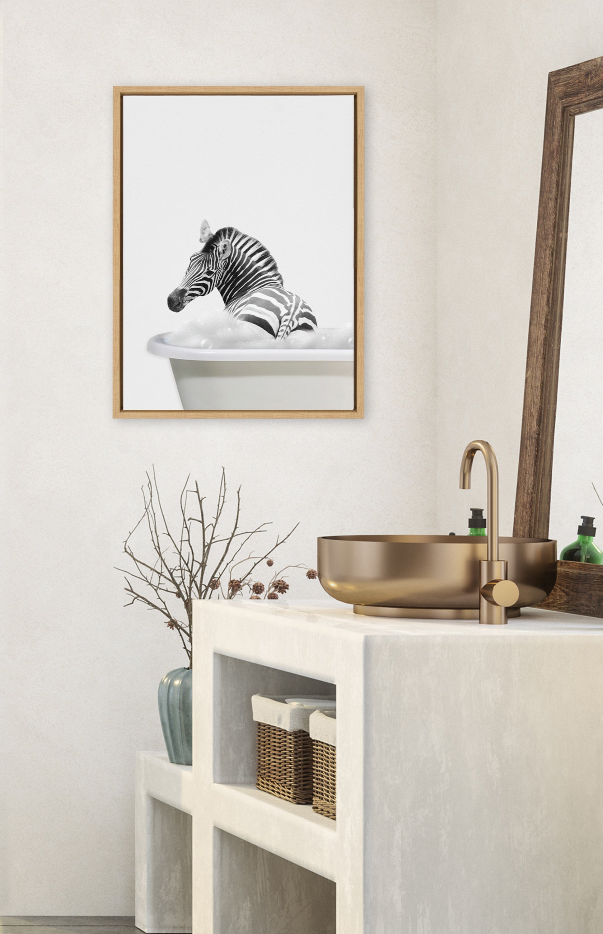 Sylvie Bathroom Bubble Bath Zebra Framed Canvas by The Creative Bunch Studio