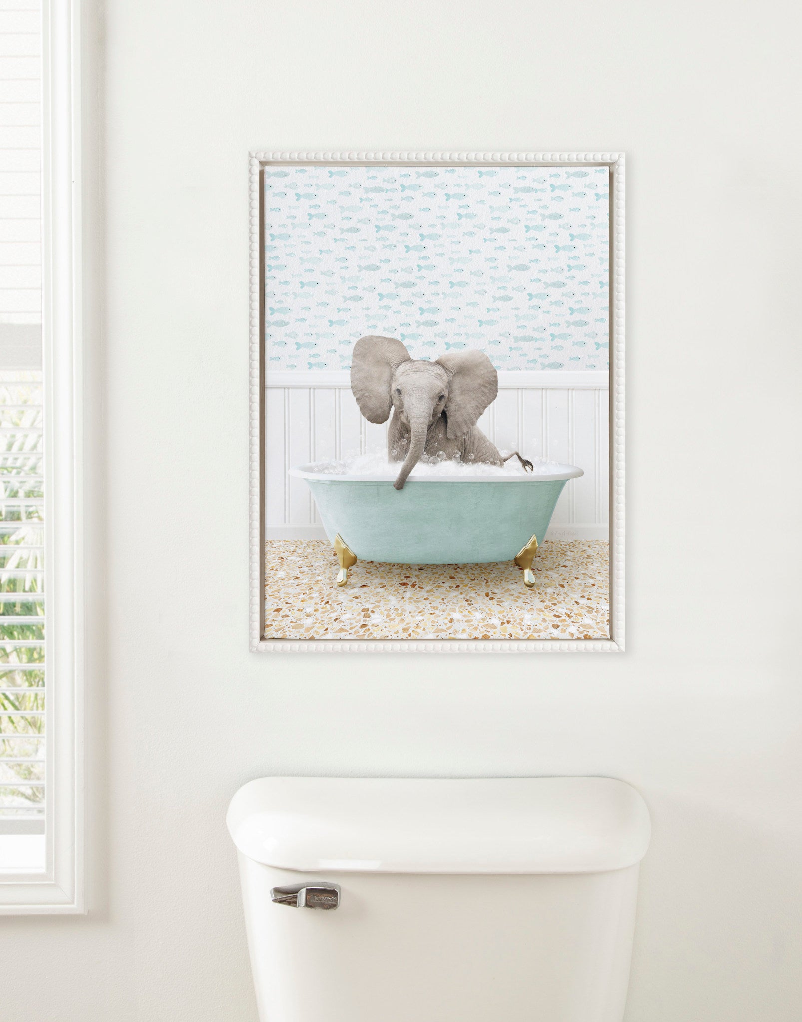 Sylvie Beaded Baby Elephant in Little Fish Bath Framed Canvas by Amy Peterson