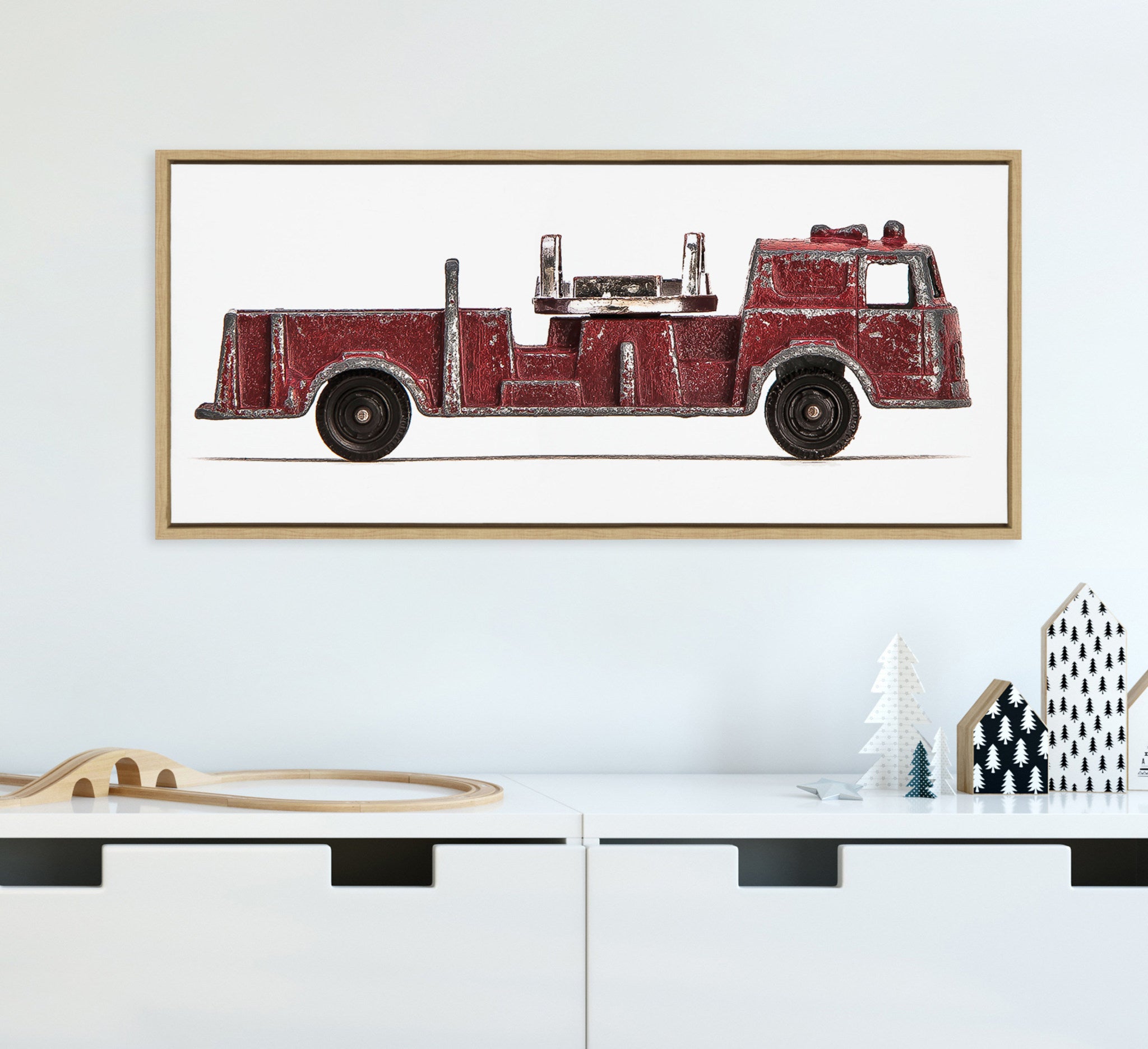 Sylvie Red Vintage Toy Fire Engine Framed Canvas by Saint and Sailor Studios