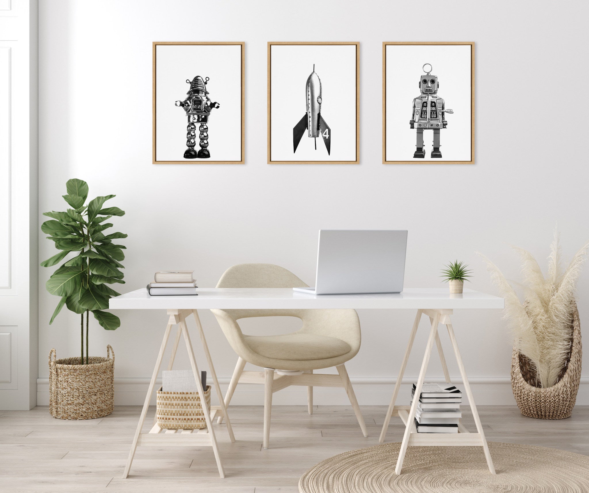 Sylvie Sparky Space Robot, No 4 Rocket and Robbey Robot Black and White Set Framed Canvas Art Set by Saint and Sailor Studios