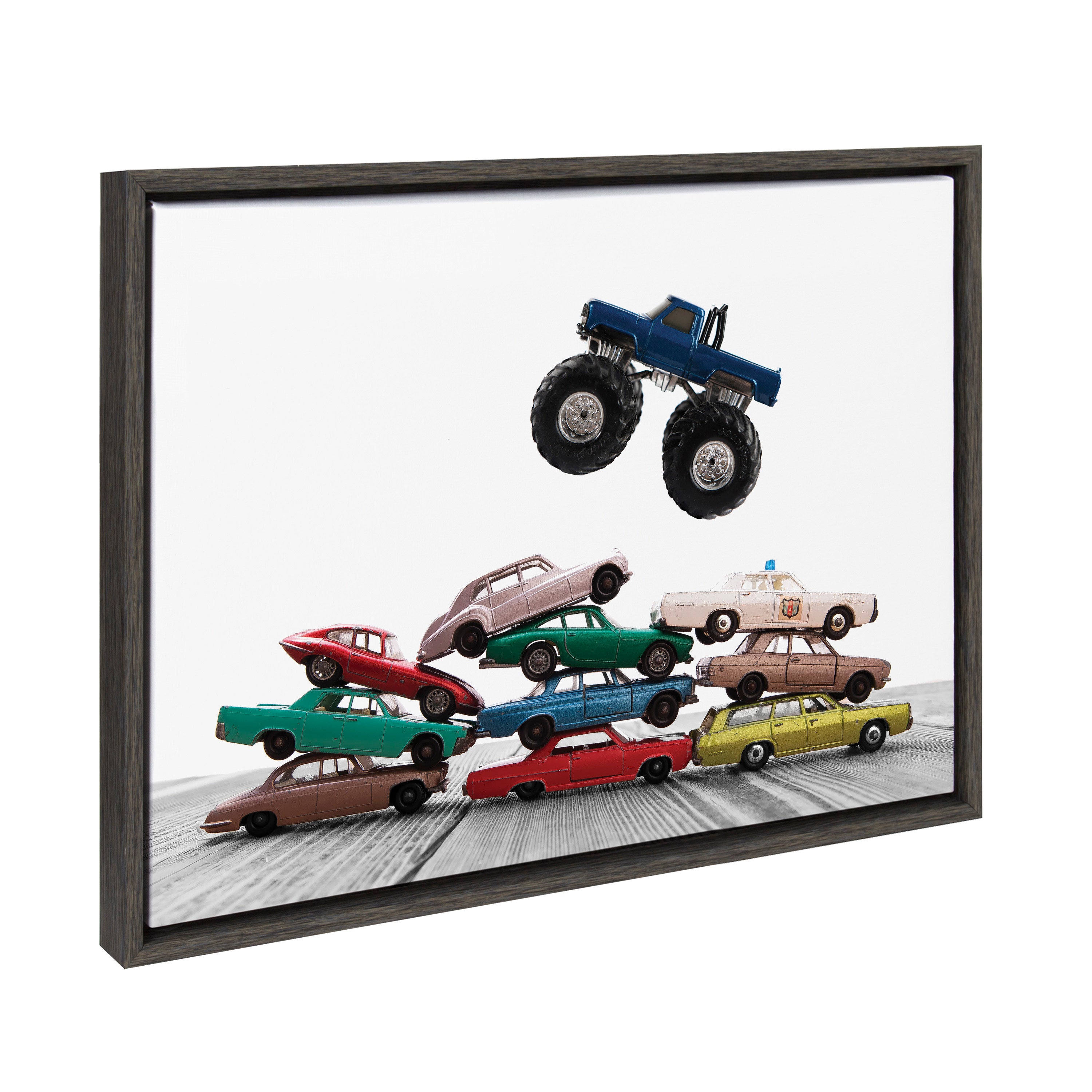 Sylvie Vintage Stacked Matchbox Cars and Monster Truck Framed Canvas by Saint and Sailor Studios