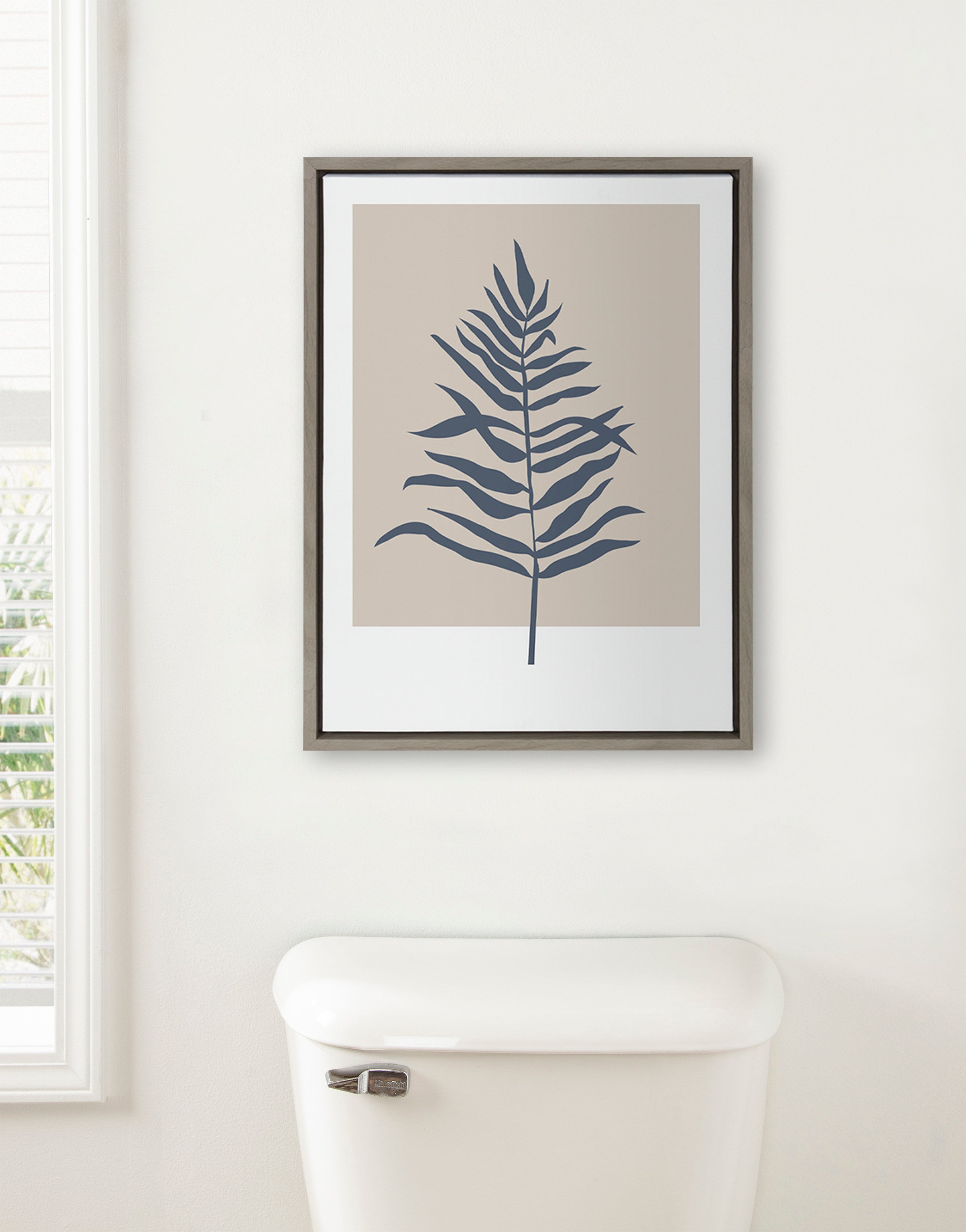 Sylvie Muted Tan and Blue Colorblock Botanical Fern Framed Canvas by The Creative Bunch Studio