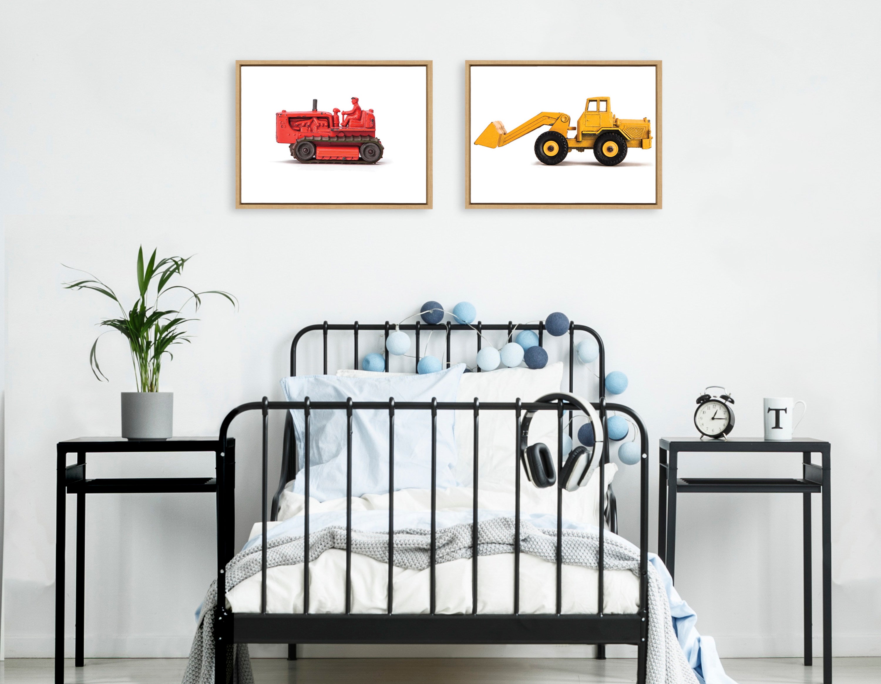 Sylvie Vintage Toy Bulldozer Red and Vintage Toy Front End Loader Yellow Framed Canvas Art Set by Saint and Sailor Studios