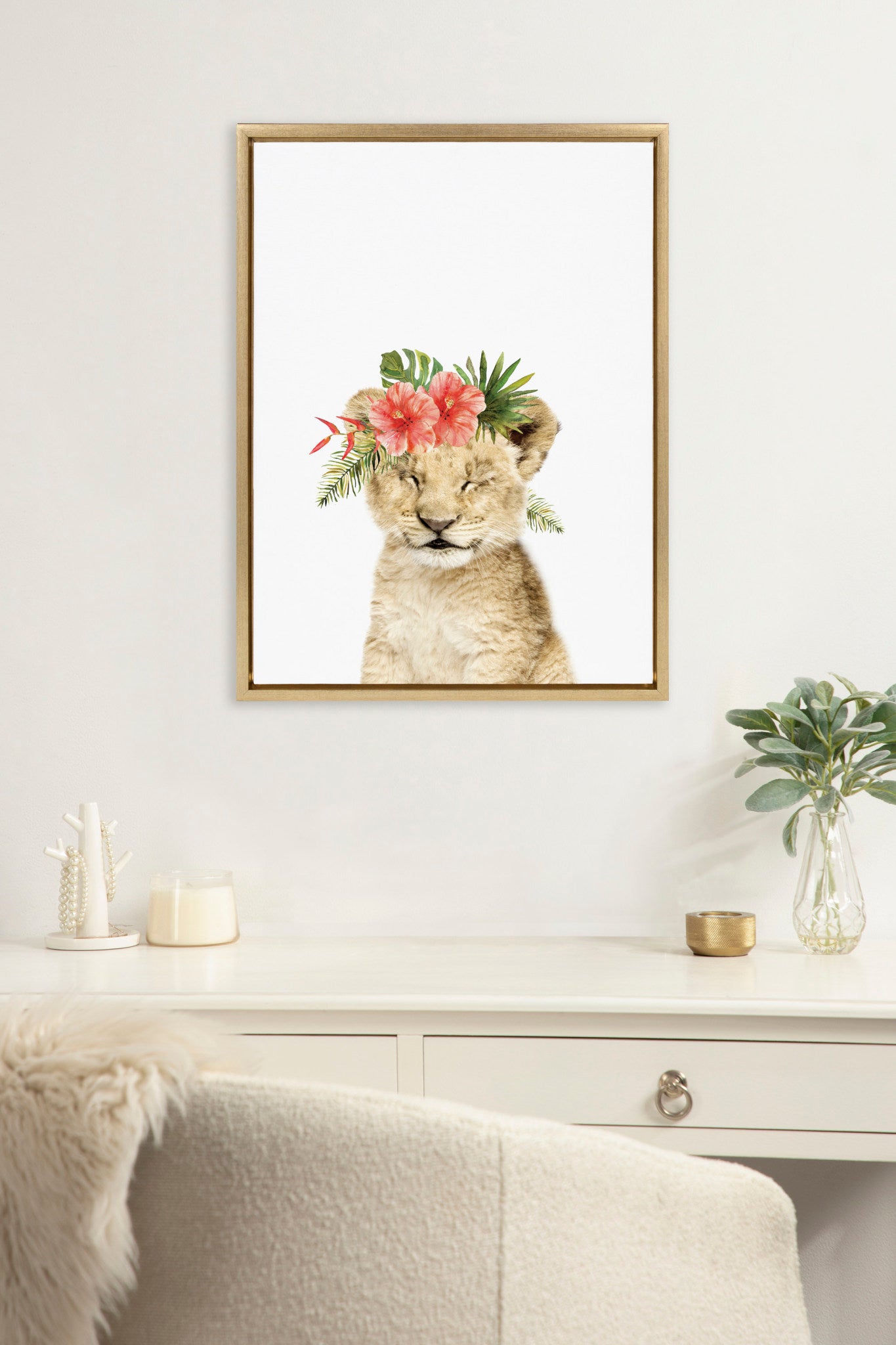 Sylvie Flower Crown Lion Cub Framed Canvas by Amy Peterson Art Studio