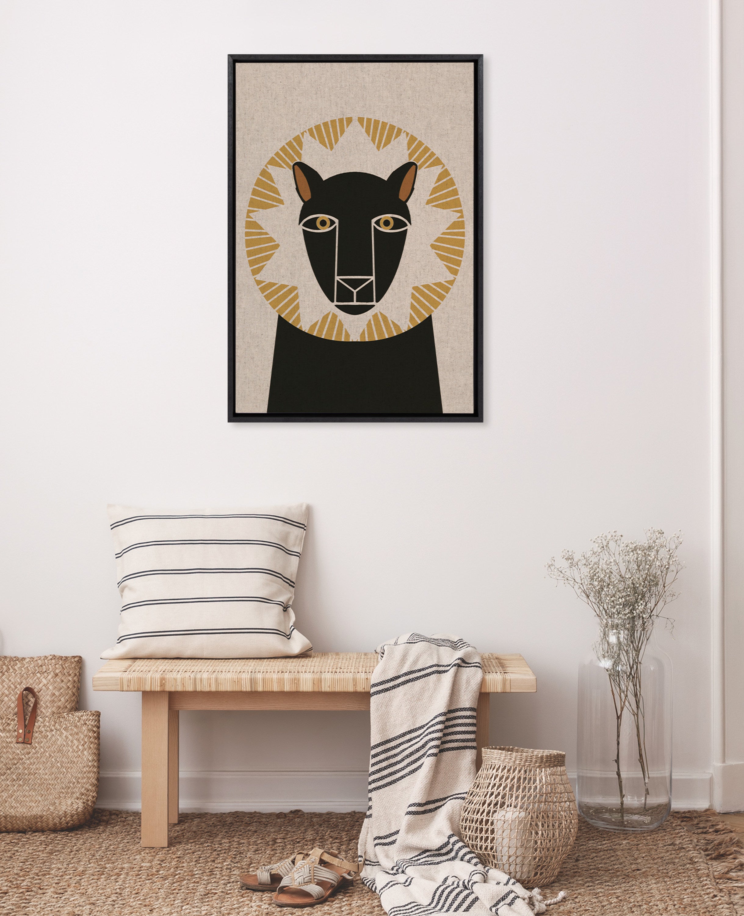 Sylvie Lion Profile Neutral Linen Framed Canvas by Hannah Beisang