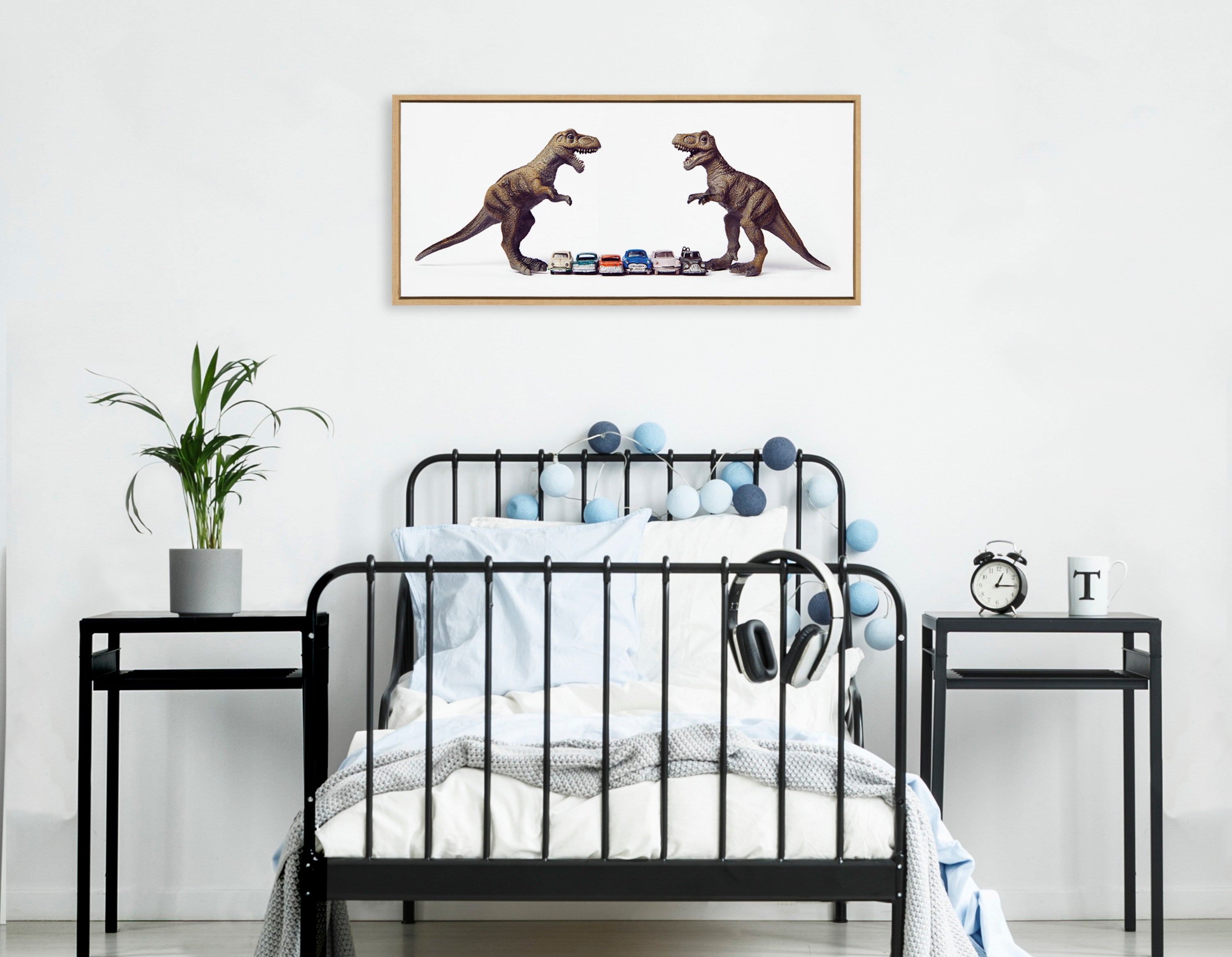Sylvie Dino Cars Faceoff Framed Canvas by Saint and Sailor Studios