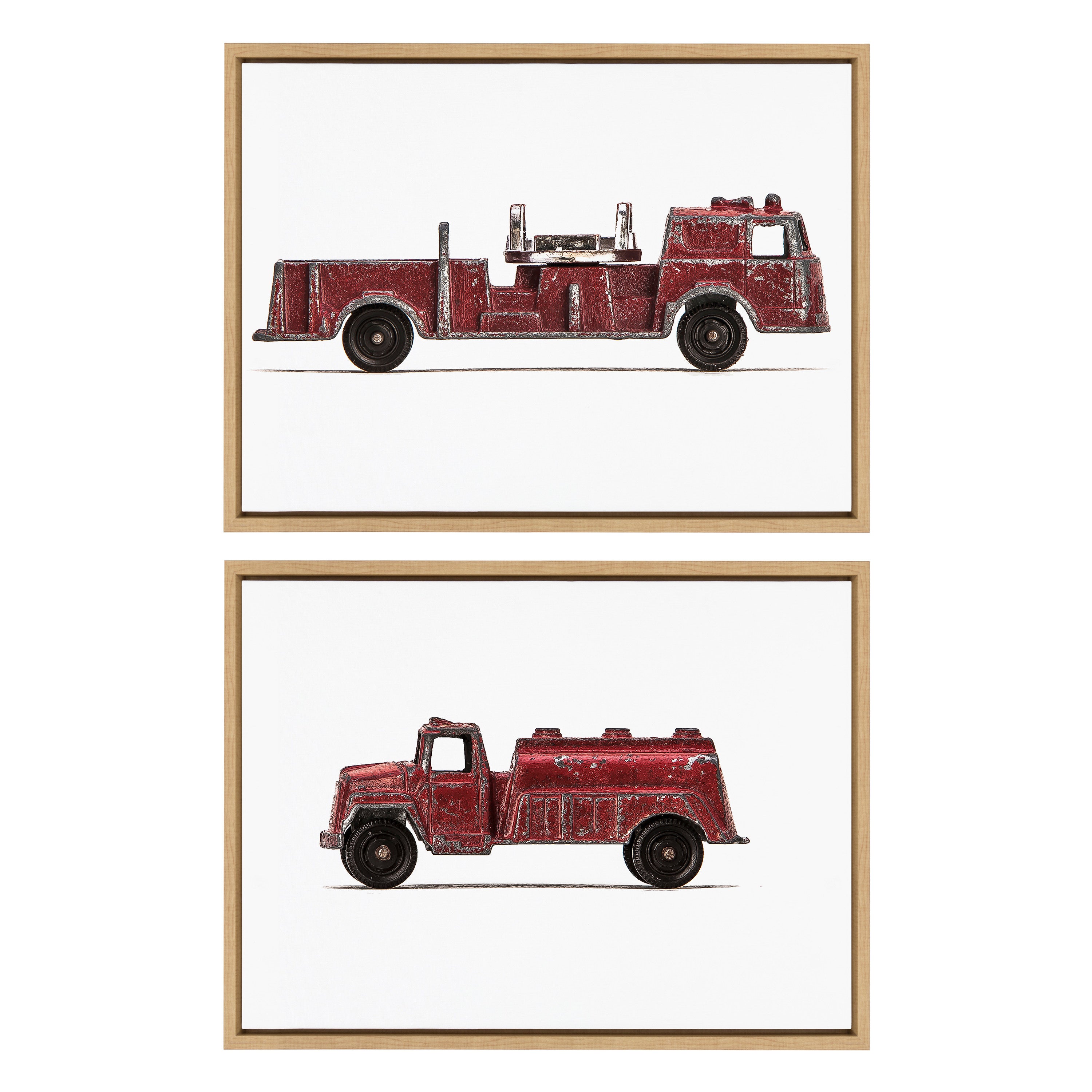 Sylvie Red Vintage Toy Fire Engine and Red Vintage Toy Water Truck Framed Canvas Art Set by Saint and Sailor Studios