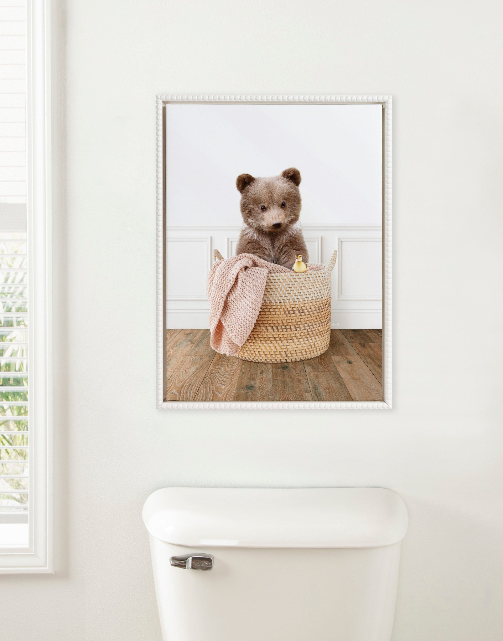 Sylvie Beaded Bear Cub In Laundry Basket Traditional Style Framed Canvas by Amy Peterson