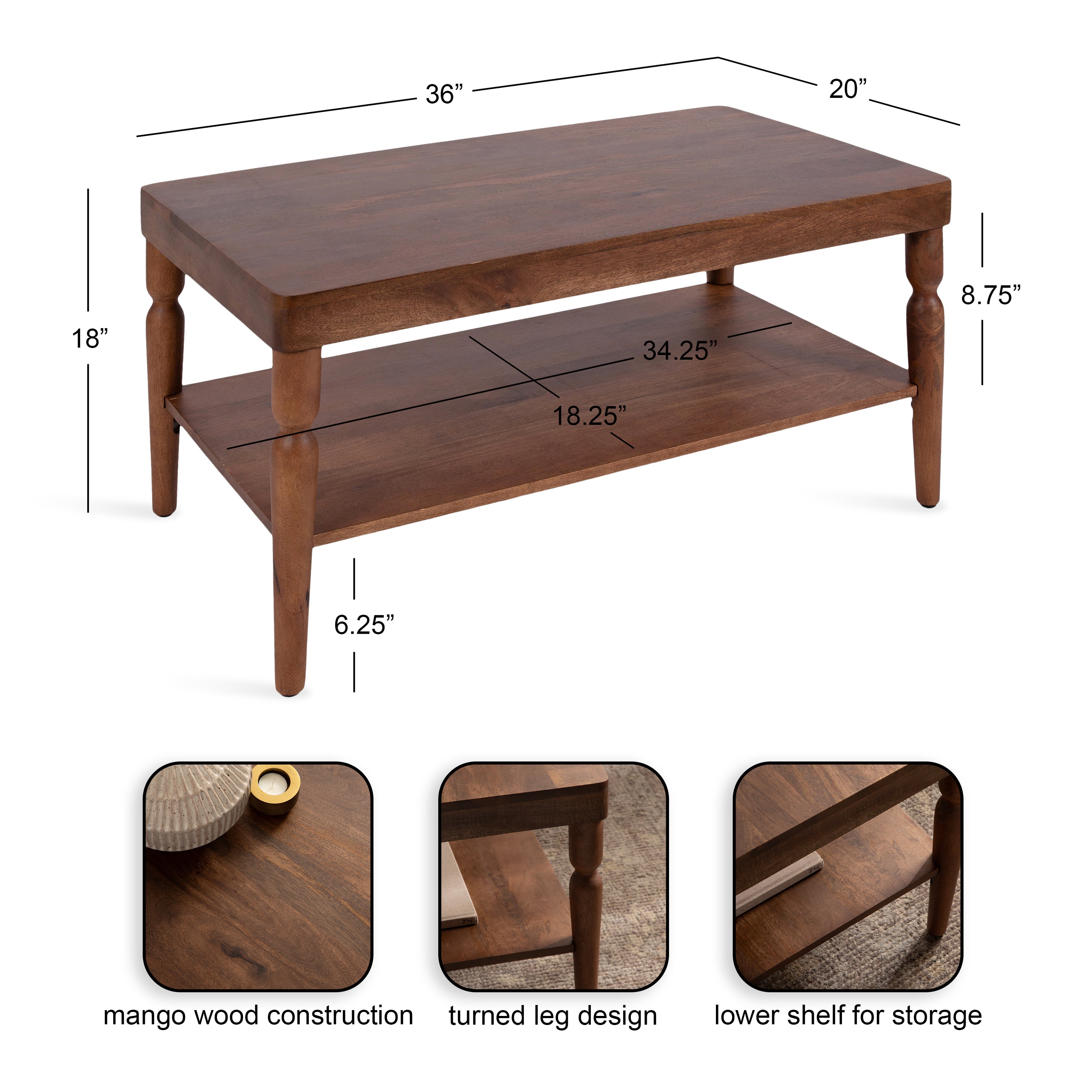 Coffee Table 36x20x18 Walnut Brown 2