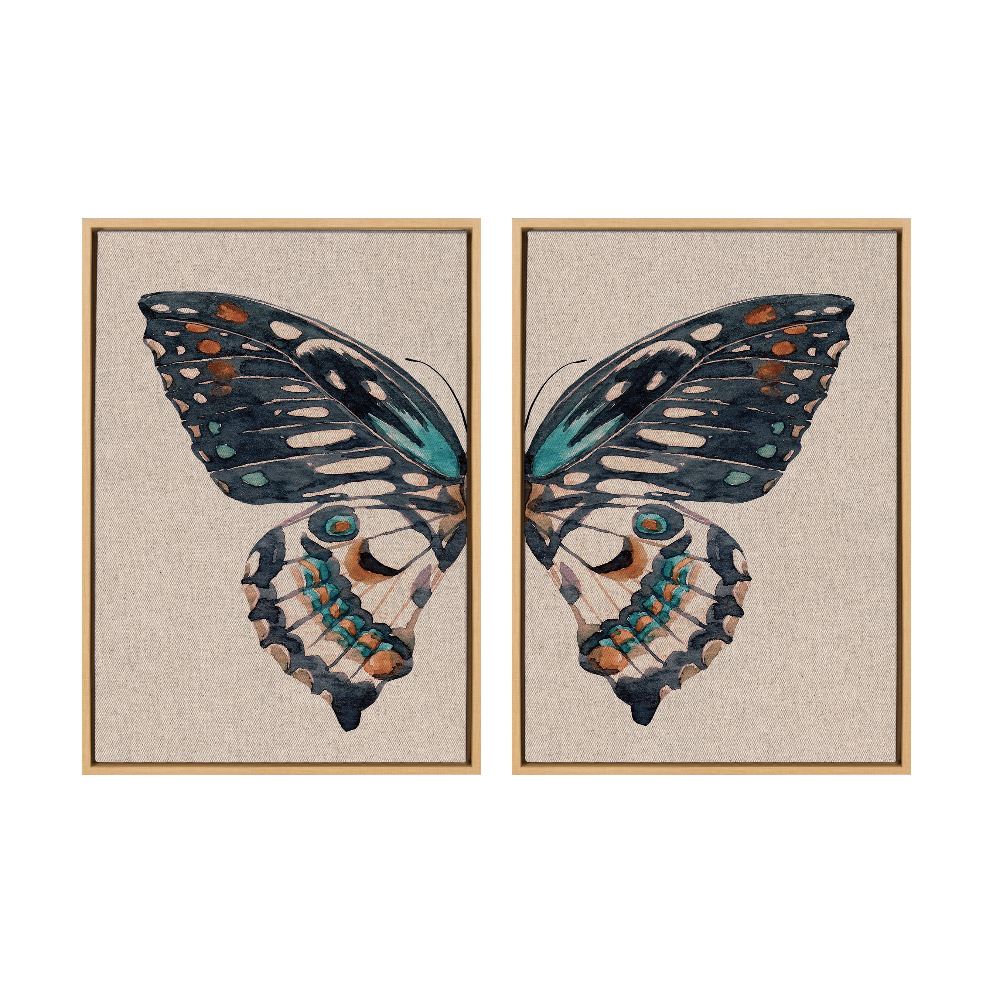 Sylvie Boho Butterfly Watercolor Diptych Neutral Linen Framed Canvas Art Set by The Creative Bunch Studio