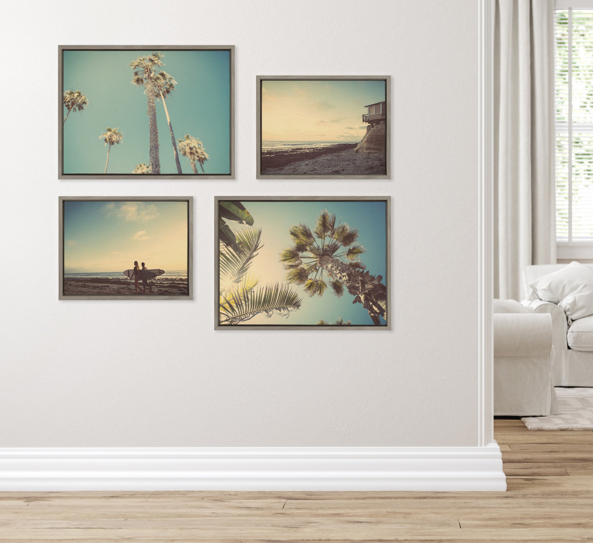 Sylvie House on Beach, Palm Trees in Lajolla, Palm Tree Sunburst and Surfers Framed Canvas Art Set by Saint and Sailor Studios