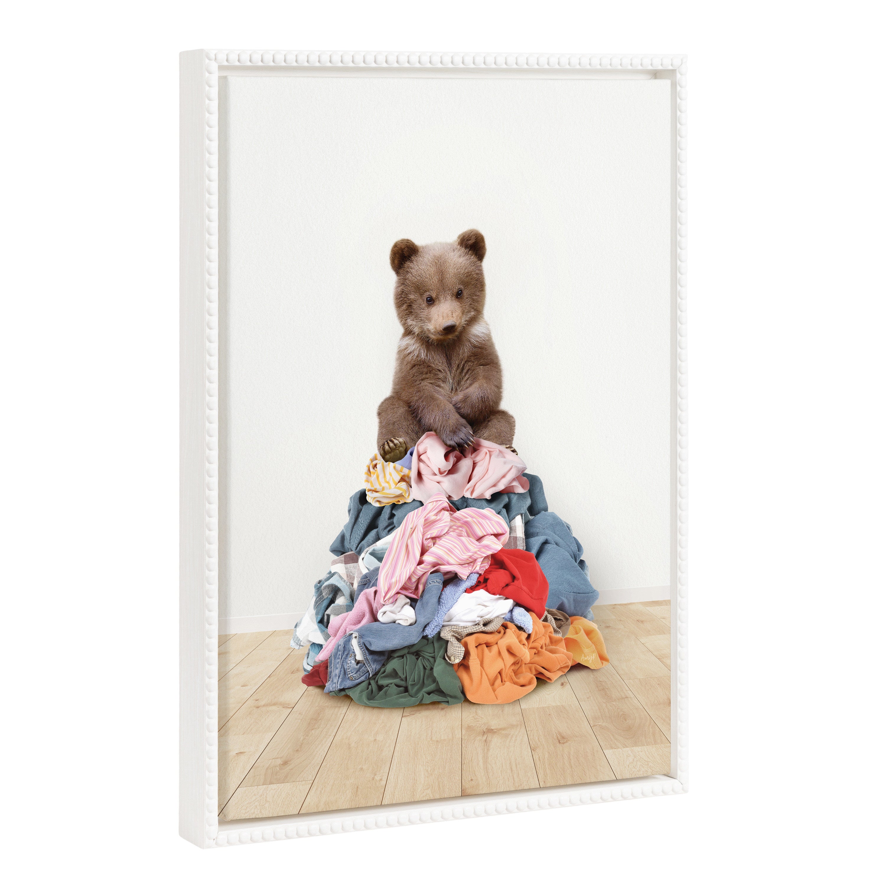 Sylvie Beaded Bear On Laundry Pile Scandi Style Framed Canvas by Amy Peterson
