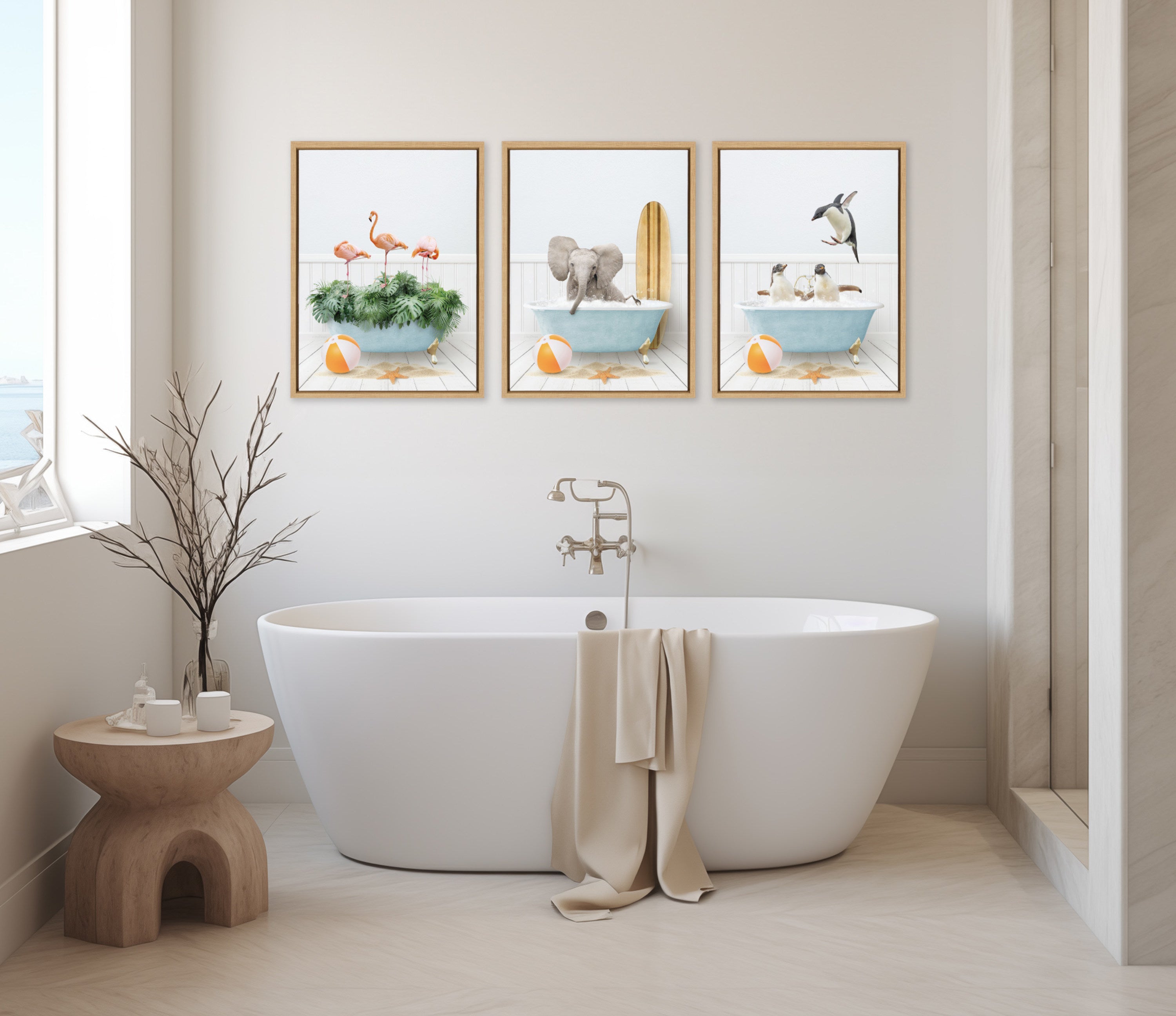 Sylvie Baby Elephant Beach House Bath with Surfboard Framed Canvas by Amy Peterson