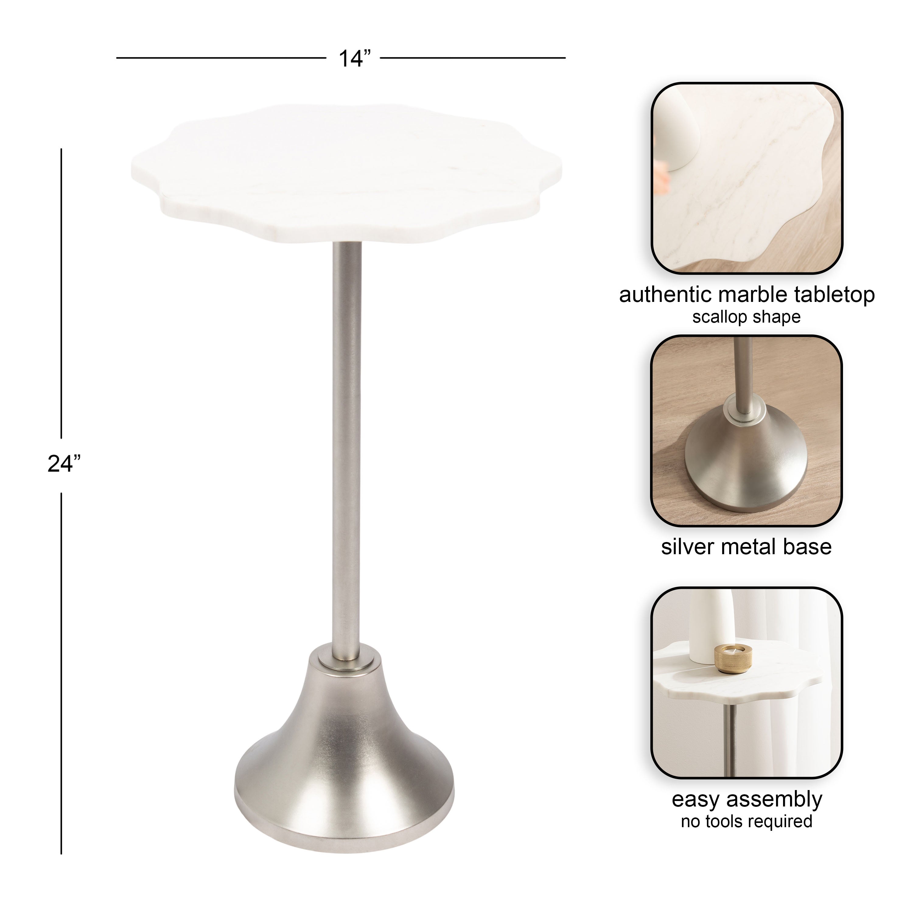 Side Table White Silver 14x14x24 2
