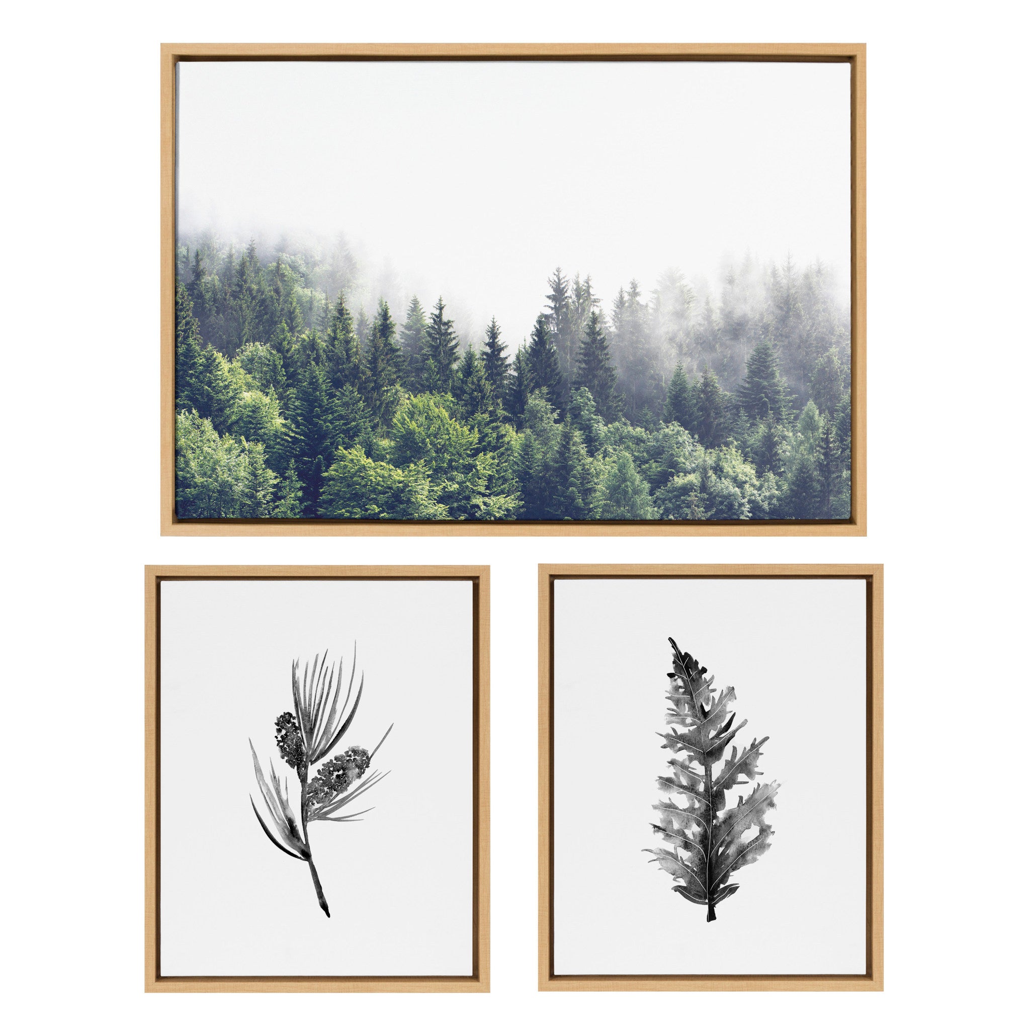 Sylvie Lush Green Forest on a Foggy Day and Vintage Botanical 3 and 4 Black and White Framed Canvas Art Set by Various Artists