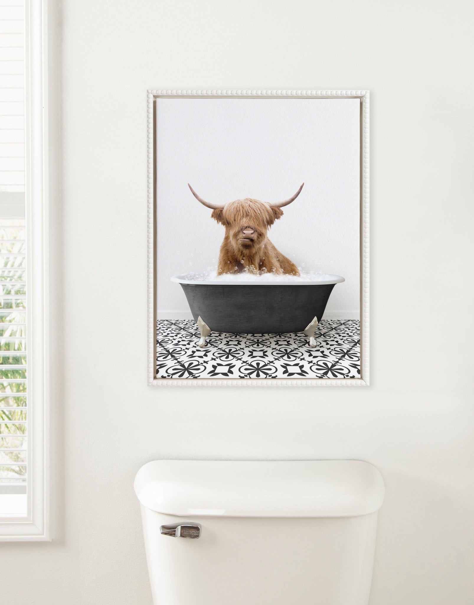 Sylvie Beaded Highland Cow in Black and White Stencil Bath Framed Canvas by Amy Peterson