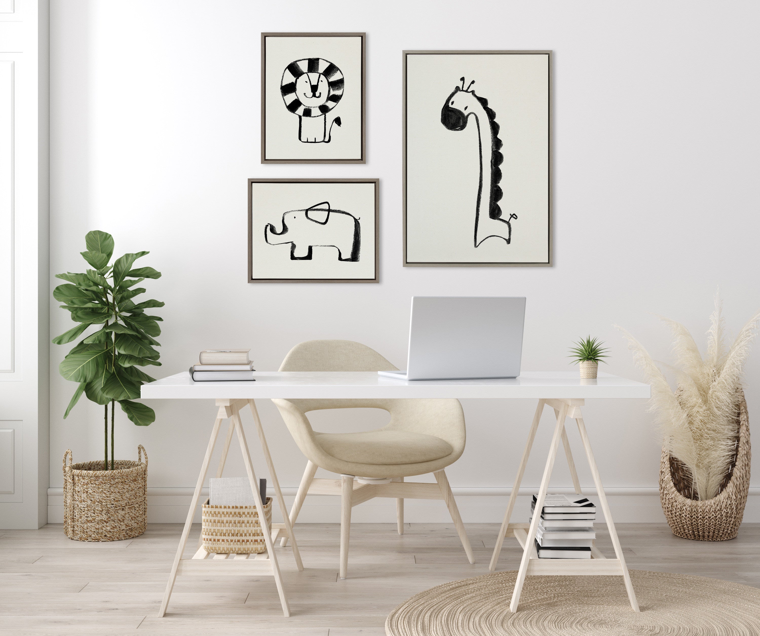 Sylvie 390 Giraffe BW, 409 Lion BW and 400 Elephant BW Framed Canvas Art Set by Teju Reval of SnazzyHues