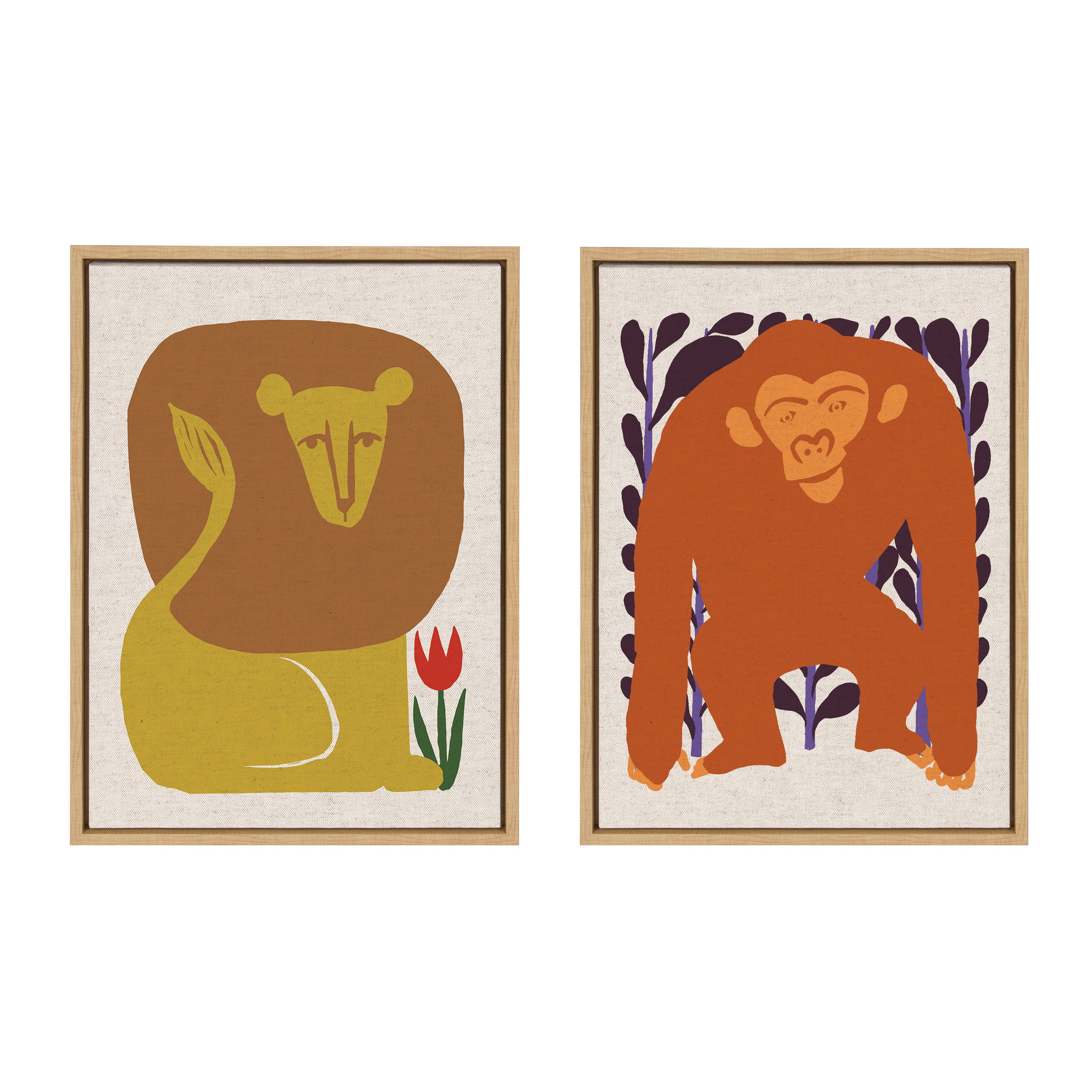 Sylvie HB Color Lion Neutral Linen Bright and HB Color Orang Neutral Linen Bright Framed Canvas Art Set by Hannah Beisang