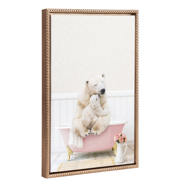 Sylvie Beaded Mother and Baby Polar Bear in Cottage Rose Bath Framed Canvas by Amy Peterson