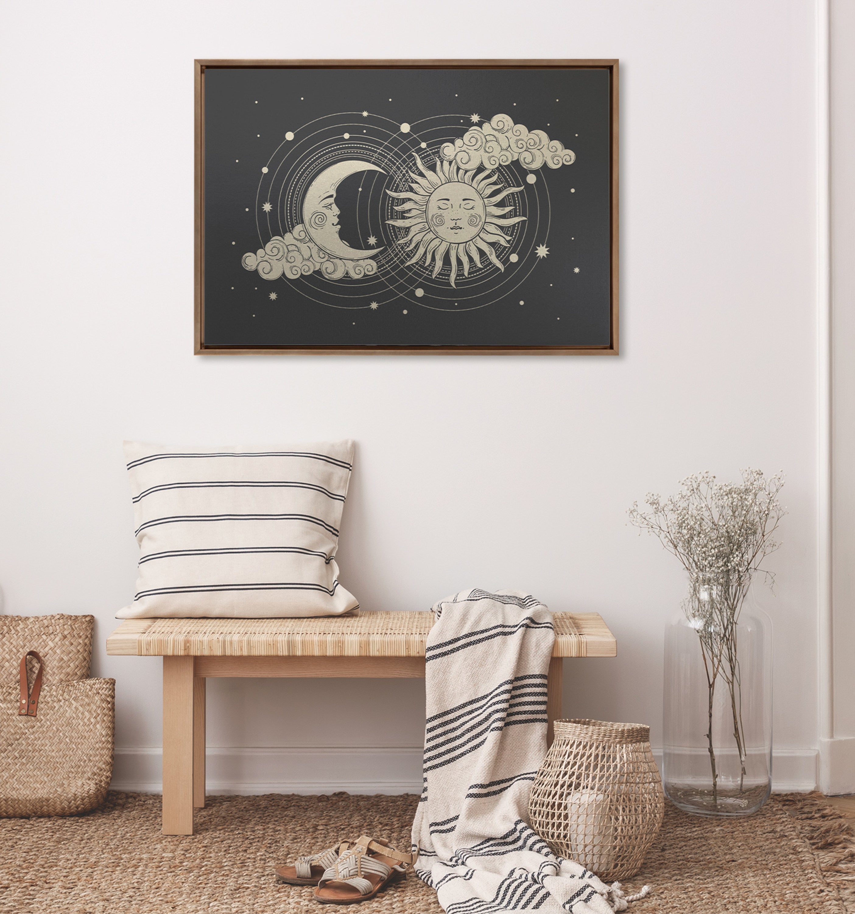 Sylvie Celestial Sun and Crescent Moon Boho Tarot Card Framed Canvas by Tatyana Antusenok