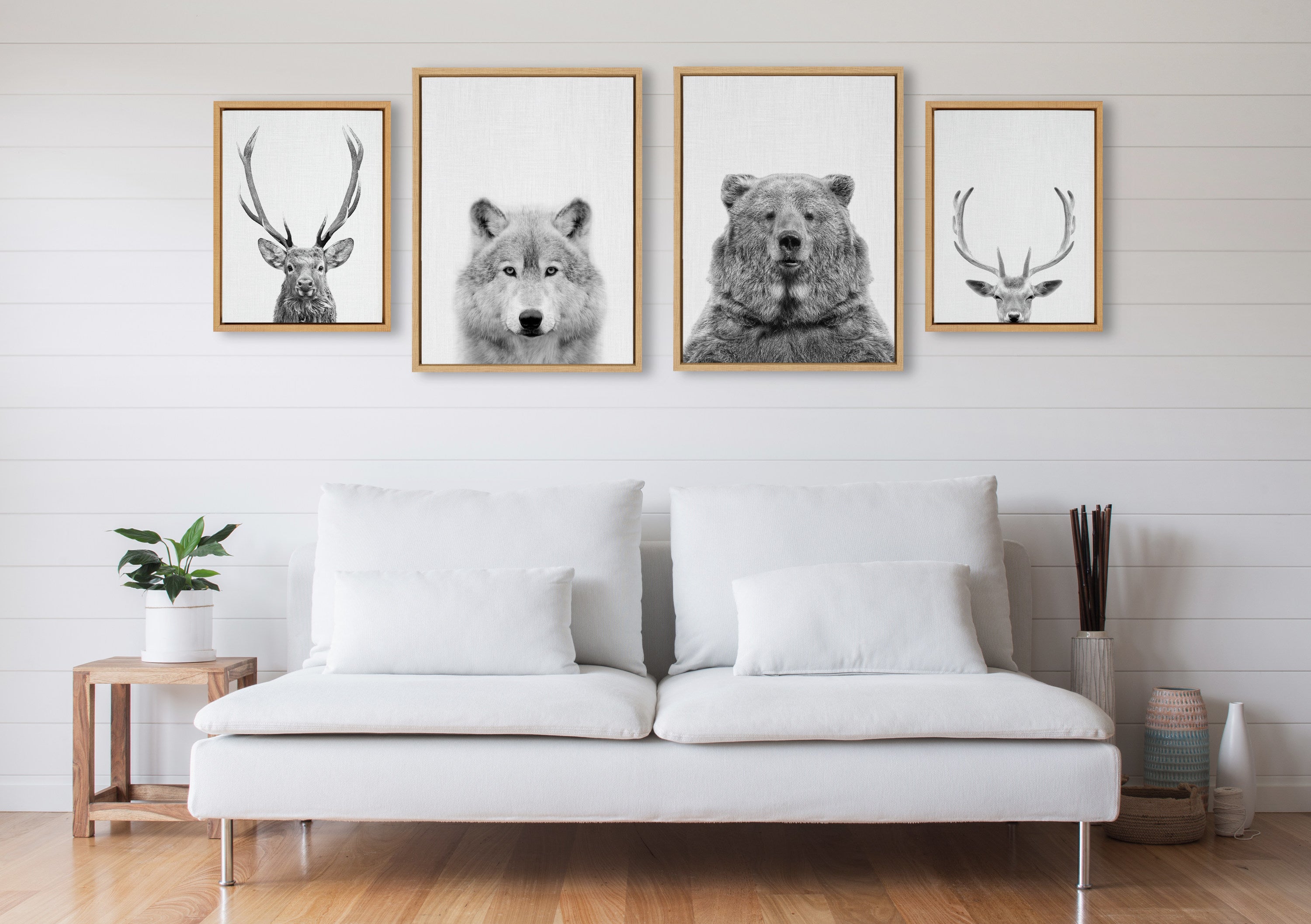 Sylvie Deer, Wolf, Bear European and Cervus Elaphus The Red Deer Black and White Framed Canvas Art Set by Simon Te of Tai Prints