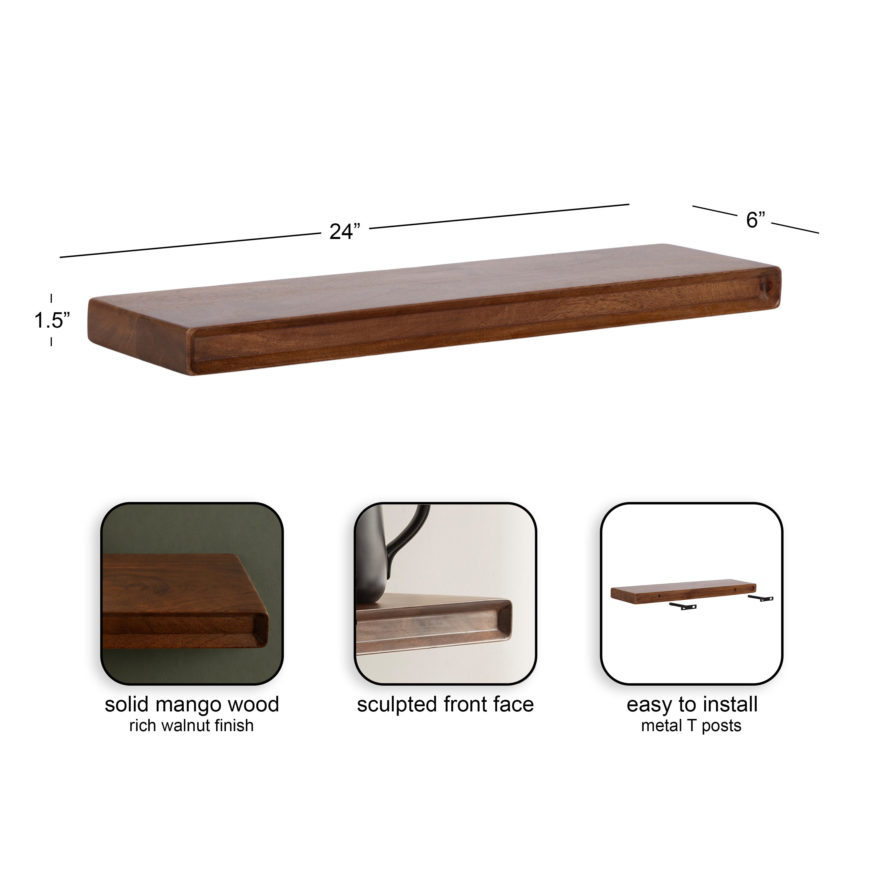 Floating Shelf Walnut Brown 2 Piece 24 inch 2