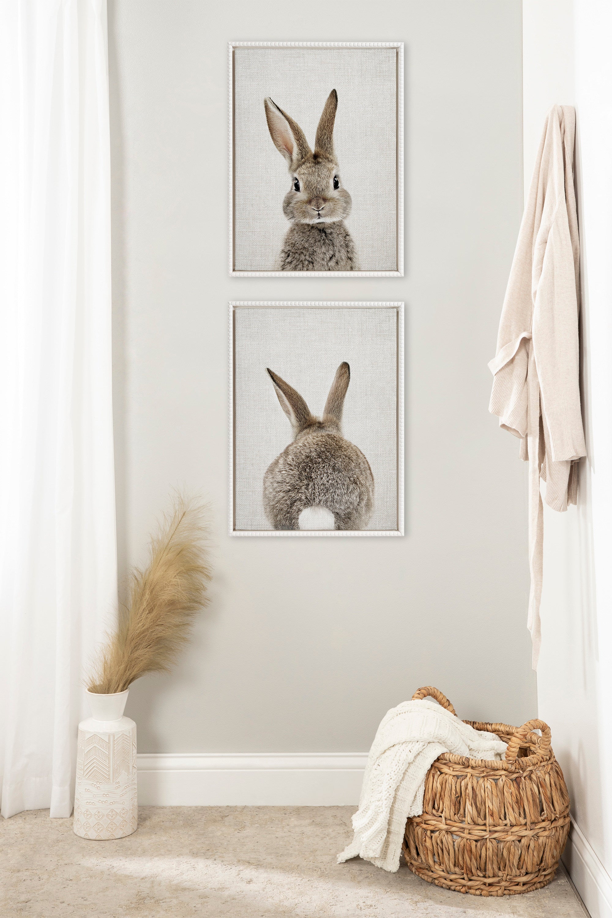 Sylvie Beaded Bunny Portrait on Linen and Bunny Tail on Linen Framed Canvas Art Set by Amy Peterson