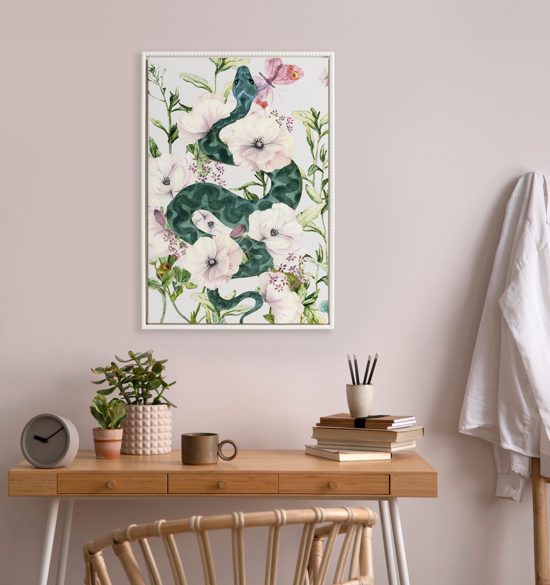 Sylvie Beaded Snake Floral Framed Canvas by Nikki Chu
