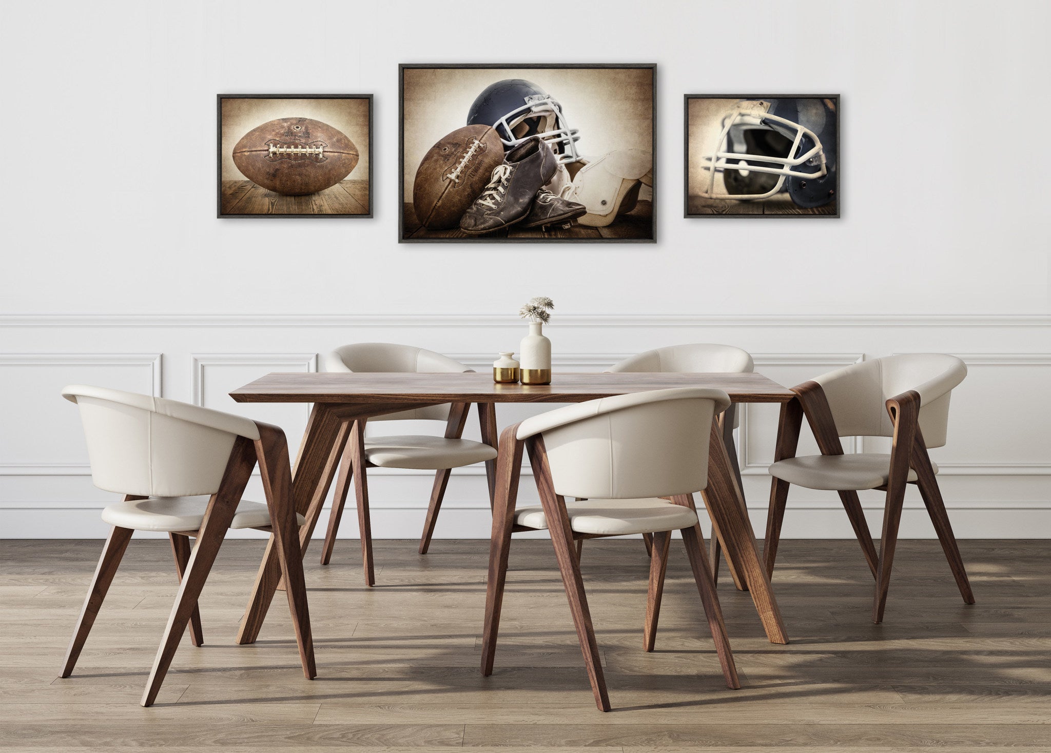 Sylvie Vintage Football, Vintage Football Gear and Vintage Football Helmet Framed Canvas Art Set by Saint and Sailor Studios