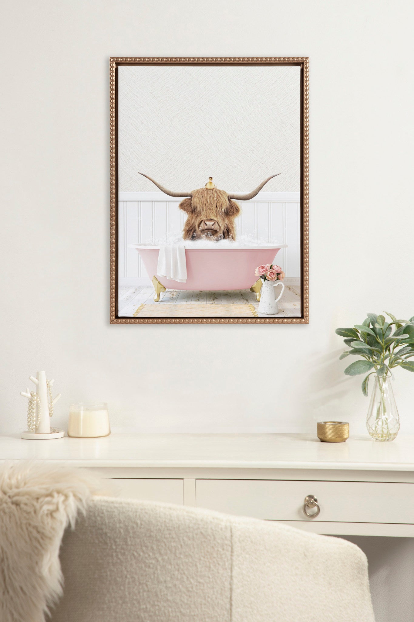 Sylvie Beaded Highland Cow with Duckling Cottage Rose Bath Framed Canvas by Amy Peterson