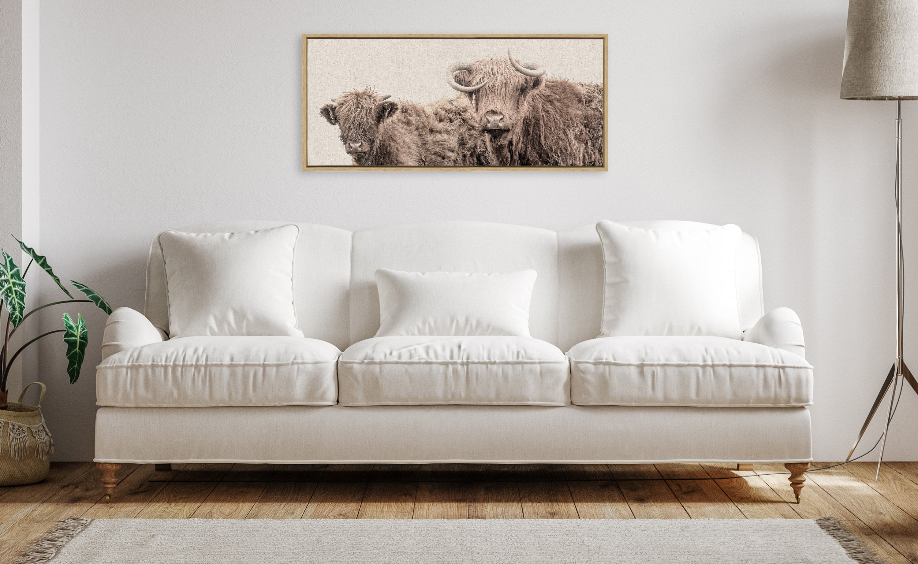Sylvie Two Highland Cow Best Friends Color Neutral Linen Bright Framed Canvas by The Creative Bunch Studio