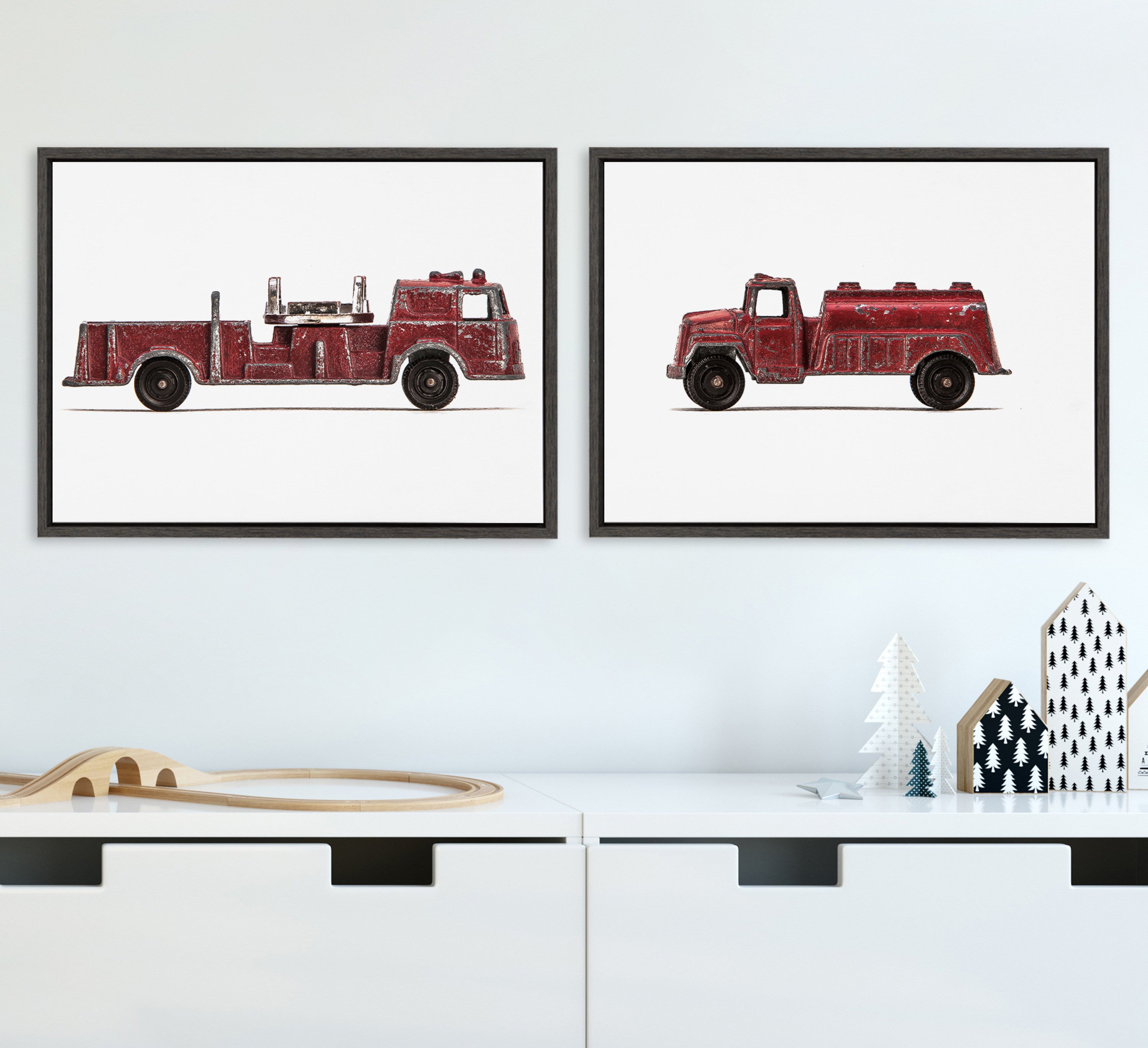 Sylvie Red Vintage Toy Fire Engine and Red Vintage Toy Water Truck Framed Canvas Art Set by Saint and Sailor Studios