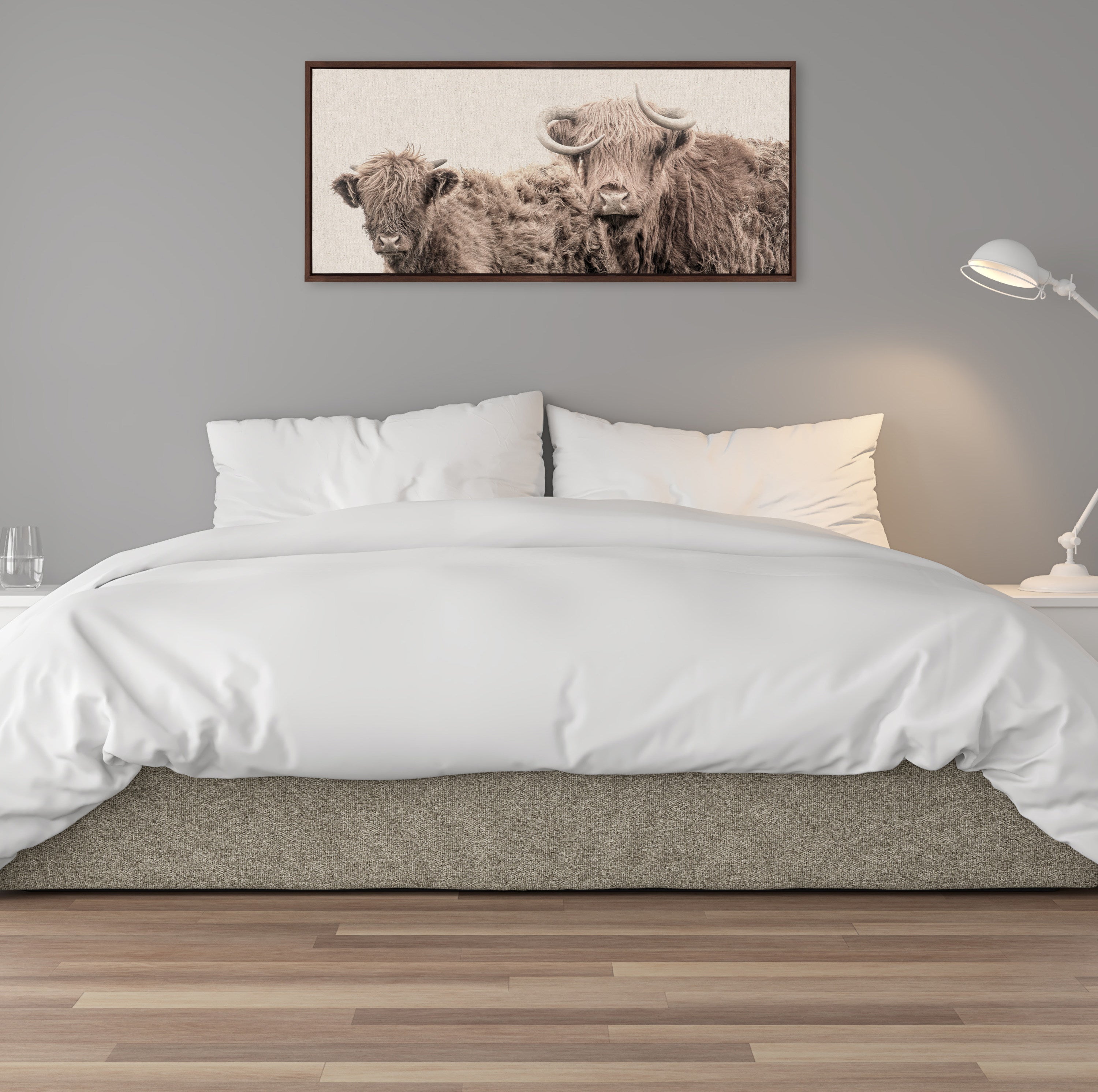 Sylvie Two Highland Cow Best Friends Color Neutral Linen Bright Framed Canvas by The Creative Bunch Studio