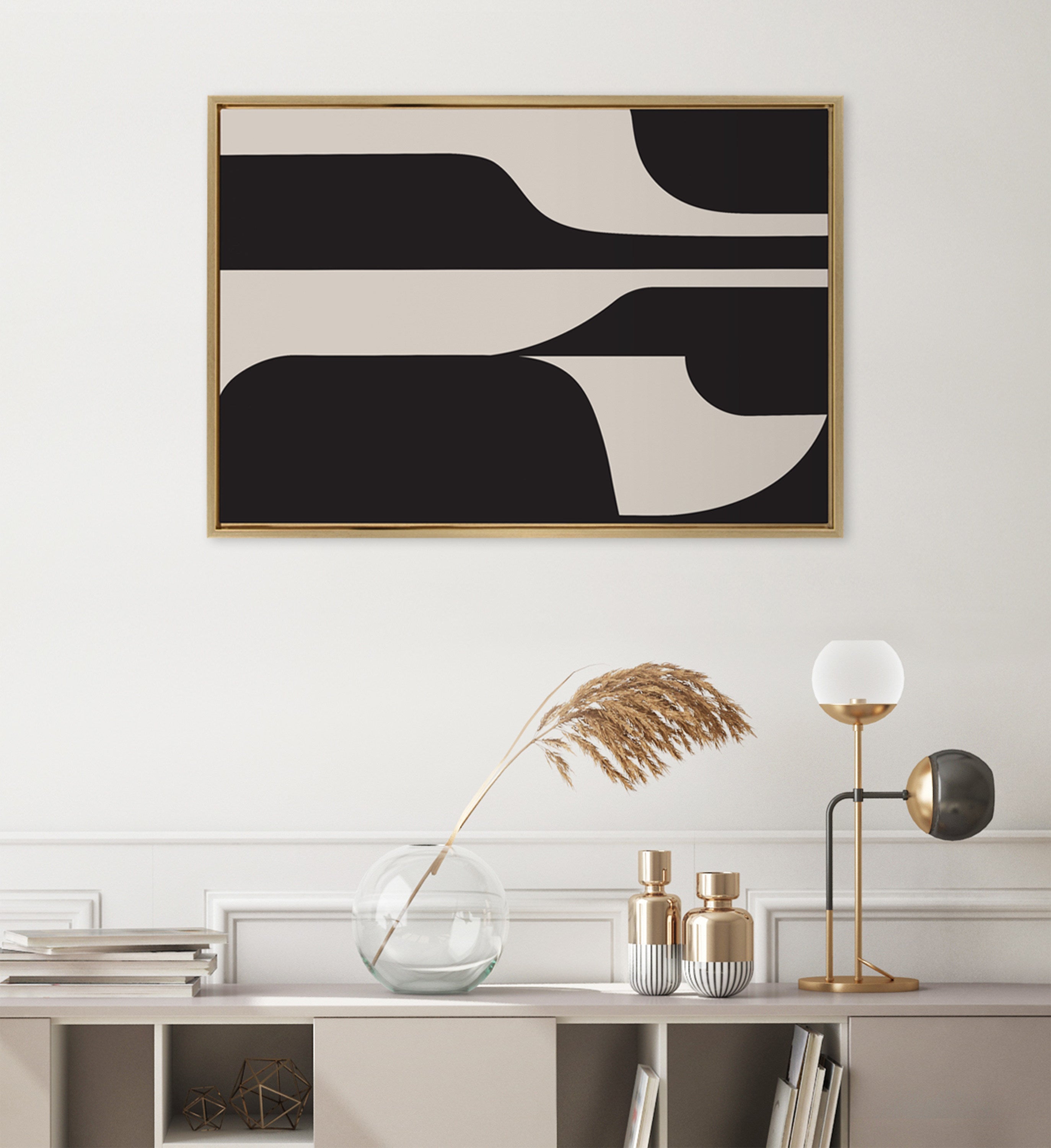 Sylvie Eye Catching Sleek Abstract 6 Black and Beige Framed Canvas by The Creative Bunch Studio