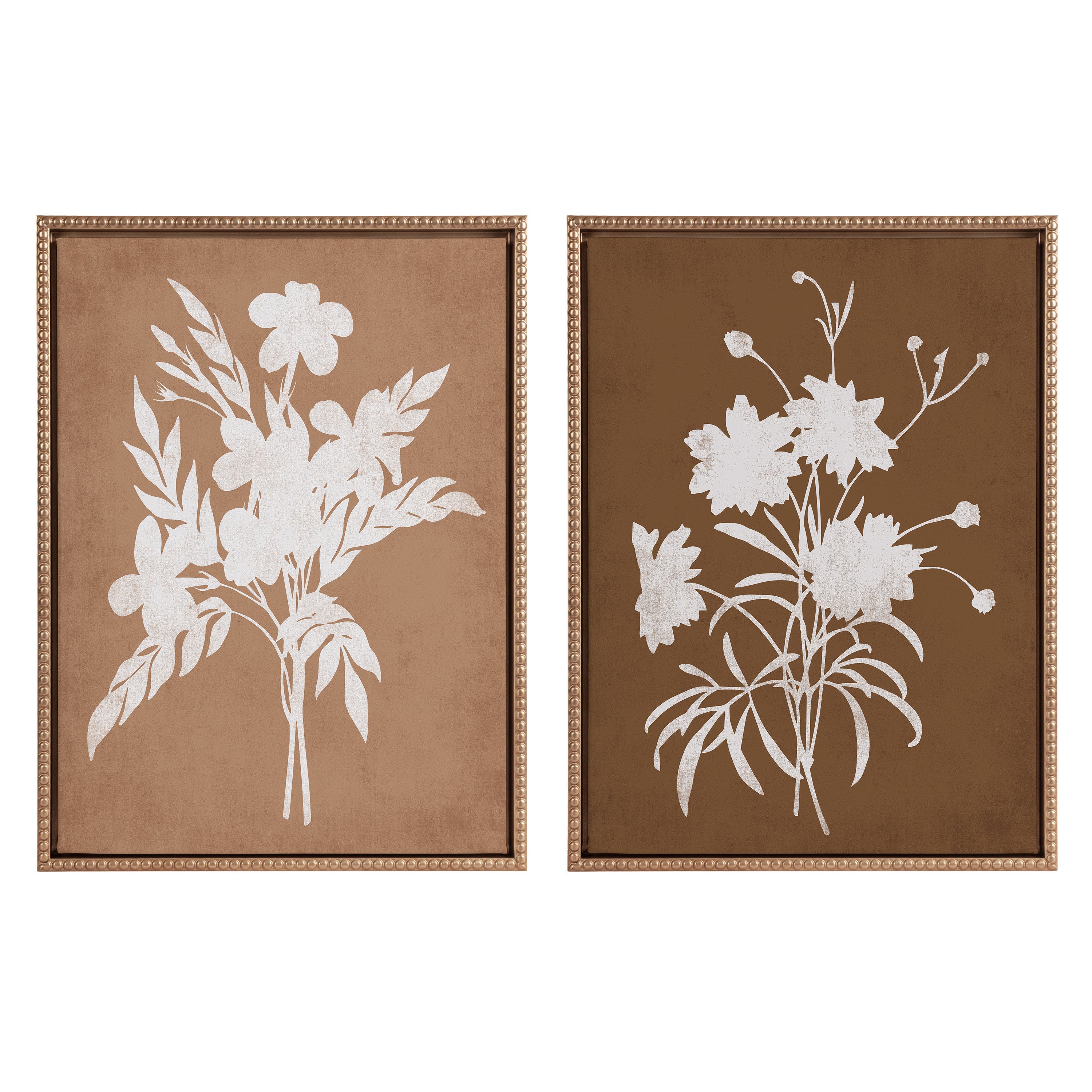 Sylvie Beaded Spring Floral Silhouette 2 Clay White and Spring Floral Silhouette 11 Bark White Framed Canvas Art Set by Heather Dutton