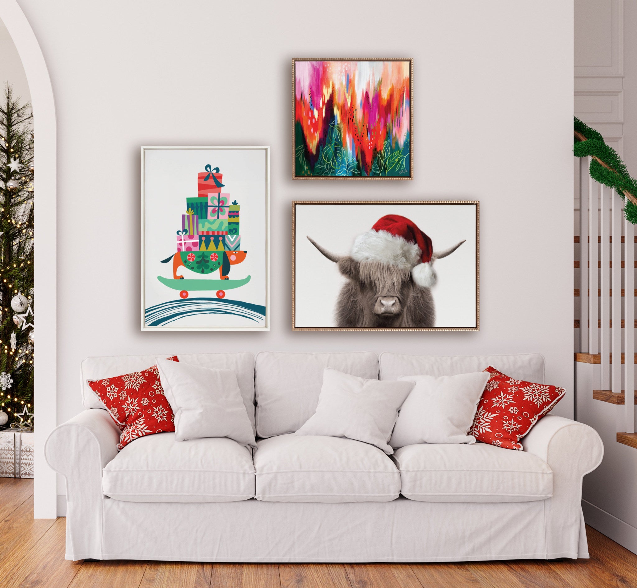 Sylvie Beaded Hey Dude Highland Cow Color Santa Hat Framed Canvas by The Creative Bunch Studio