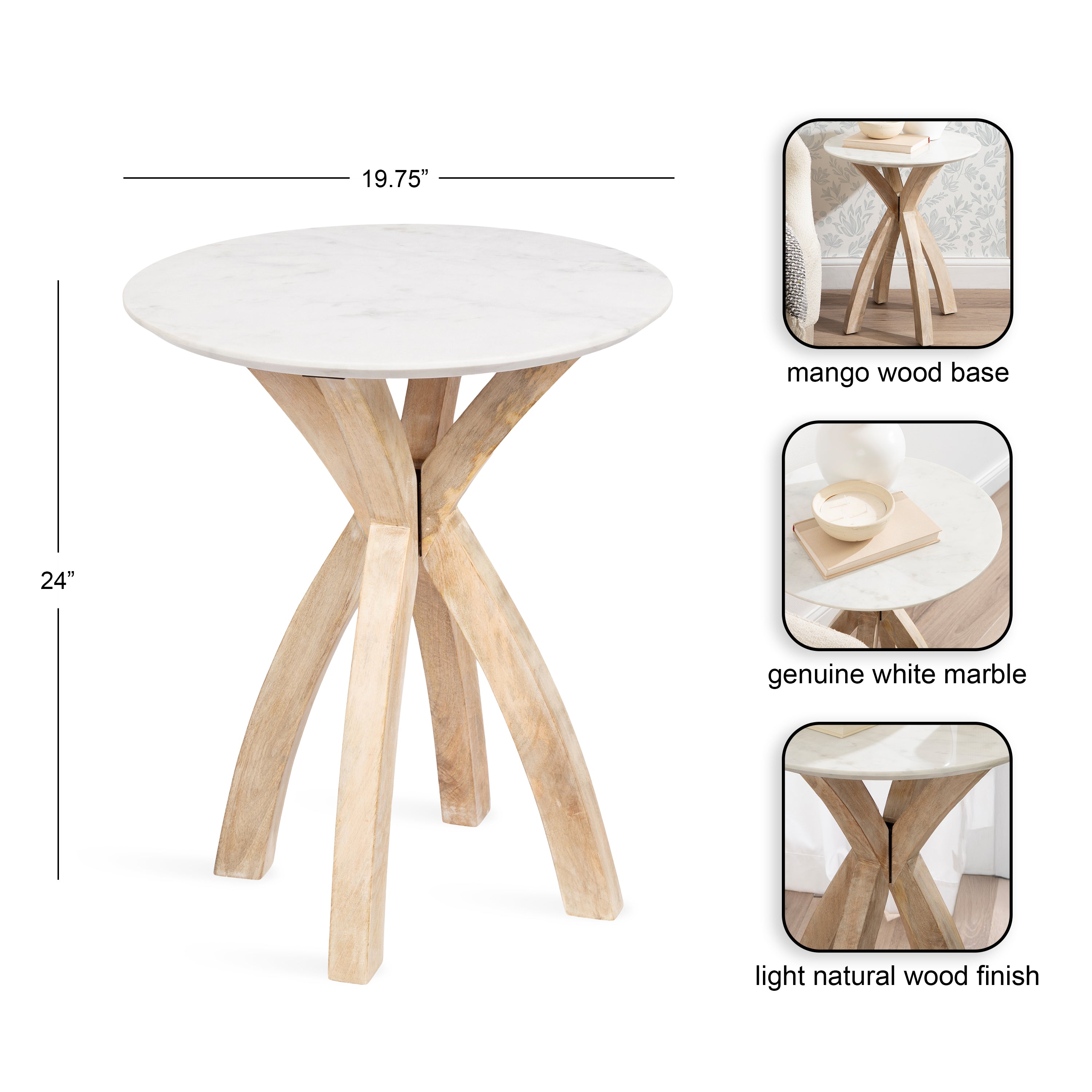 Side Table 20x20x24 White Natural 2