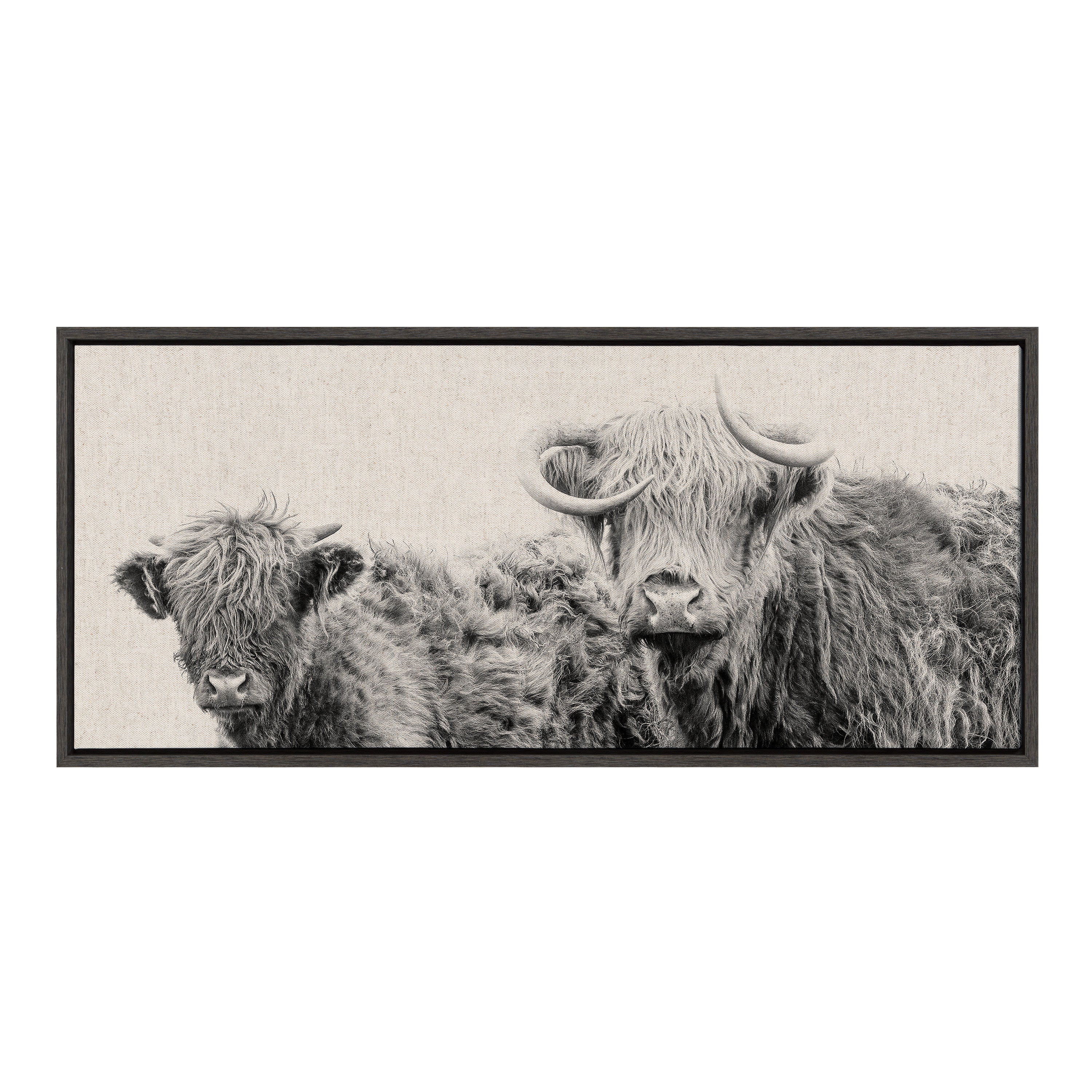 Sylvie Two Highland Cow Best Friends Neutral Linen Bright Framed Canvas by The Creative Bunch Studio