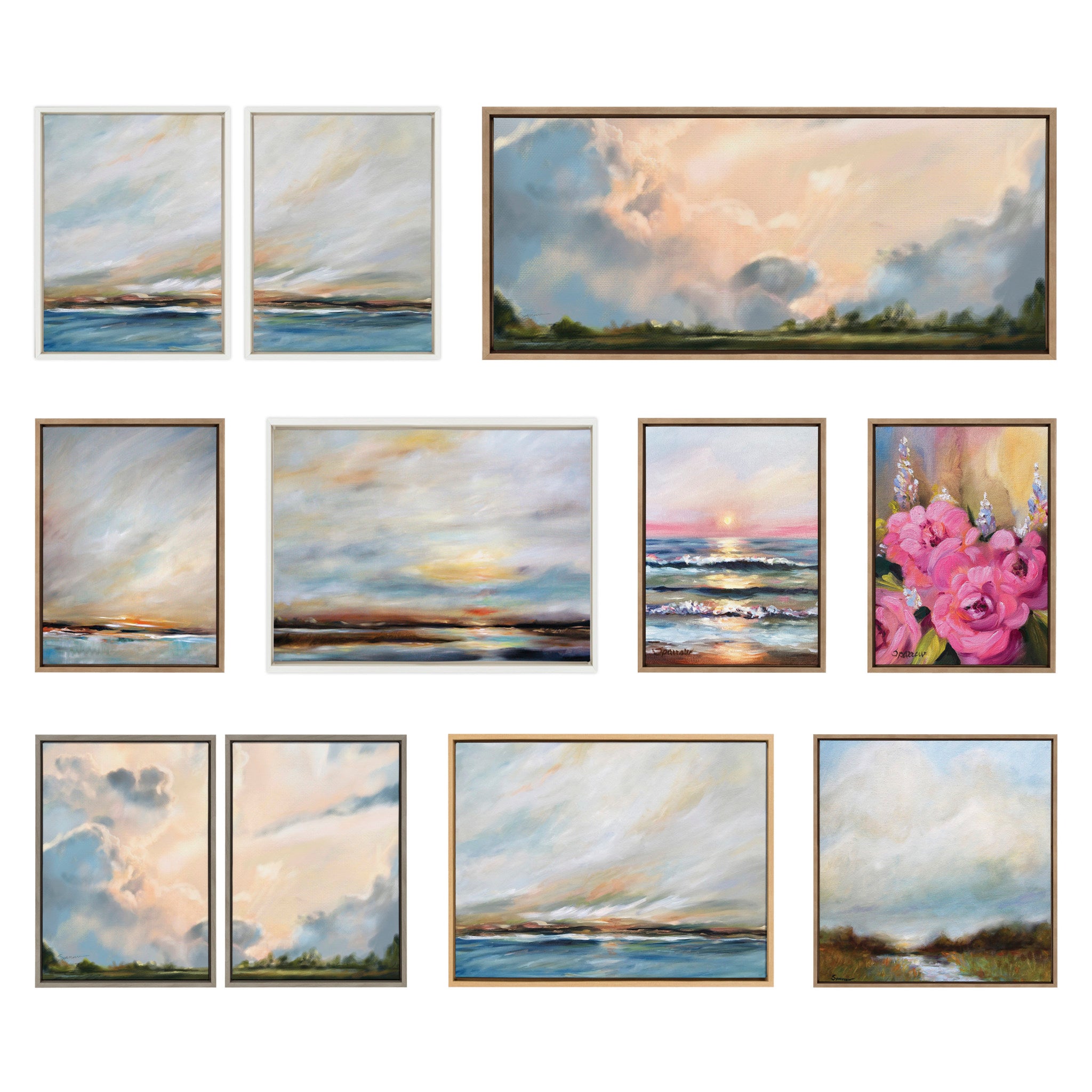 Sylvie Sunday Morning, Tranquility and Clouds Framed Canvas Art Set by Mary Sparrow