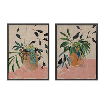 Sylvie Wild Foliage l and II Neutral Linen Framed Canvas Art Set by Nikita Jariwala