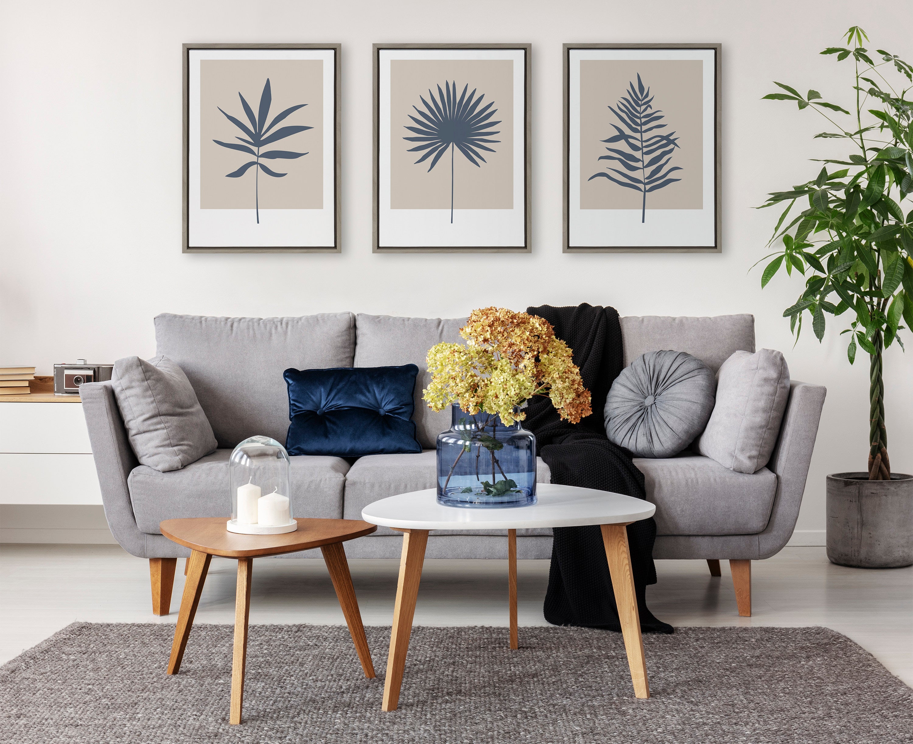 Sylvie Muted Tan and Blue Colorblock Botanical Fern Framed Canvas by The Creative Bunch Studio
