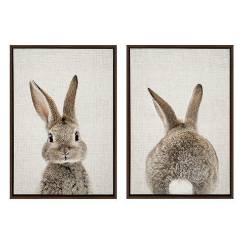 Sylvie Bunny Portrait on Linen and Bunny Tail on Linen Framed Canvas Art Set by Amy Peterson Art Studio