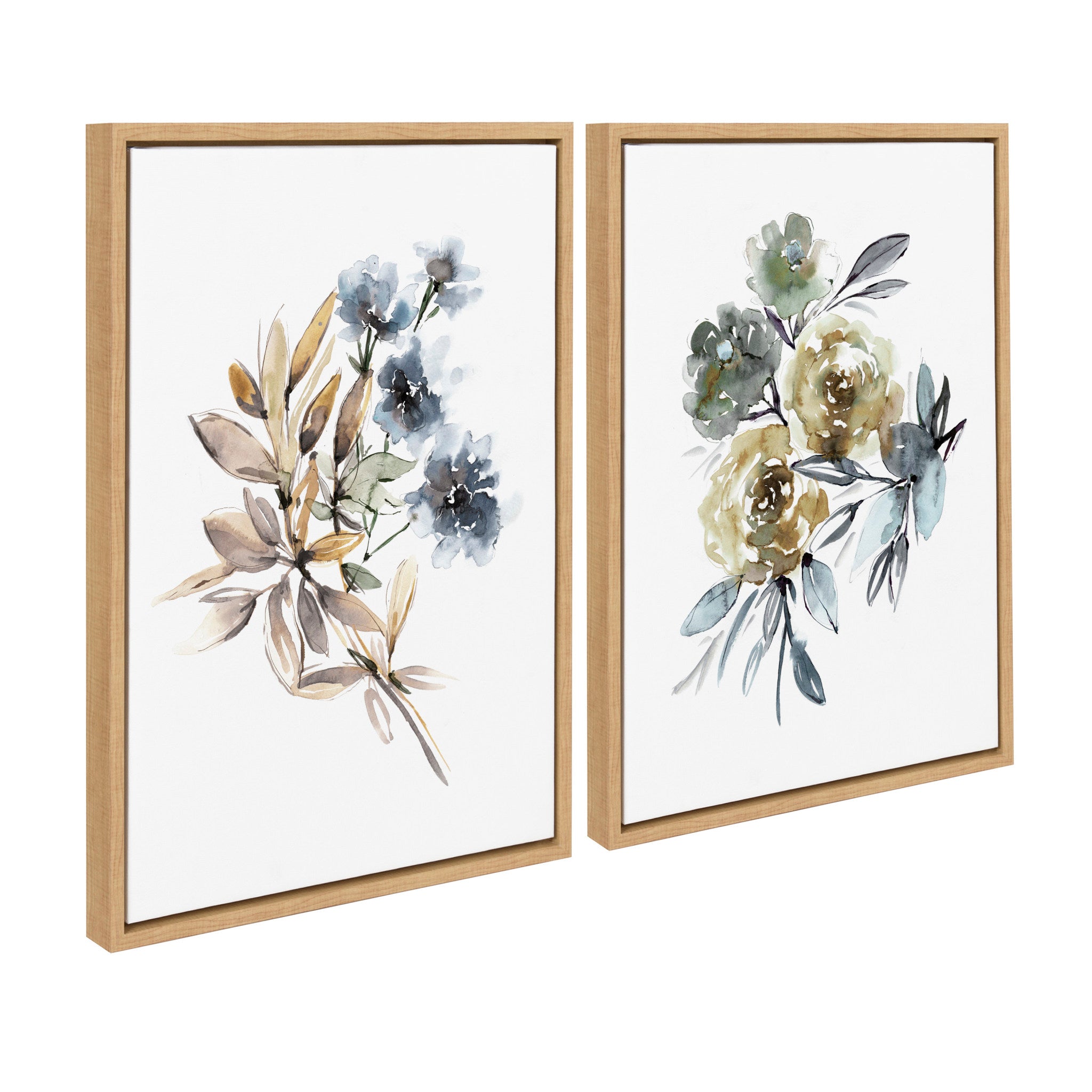 Sylvie Yellow Roses and Muted Blue Flowers Framed Canvas Art Set by Sara Berrenson