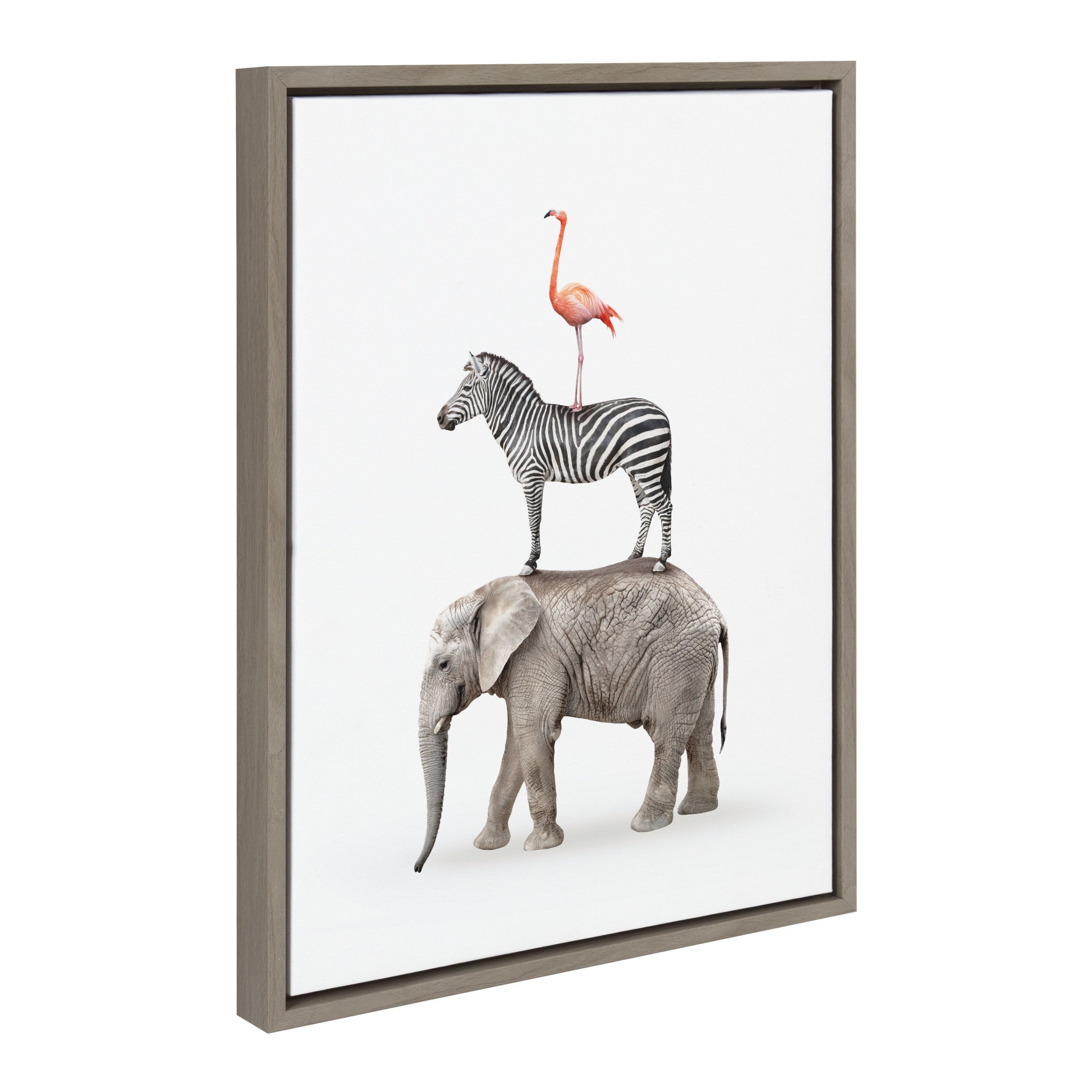 Sylvie Zebra in Tall Grass, Flamingo Standing, Baby Elephant Walk and Stacked Safari Animals Framed Canvas Art Set by Amy Peterson Art Studio