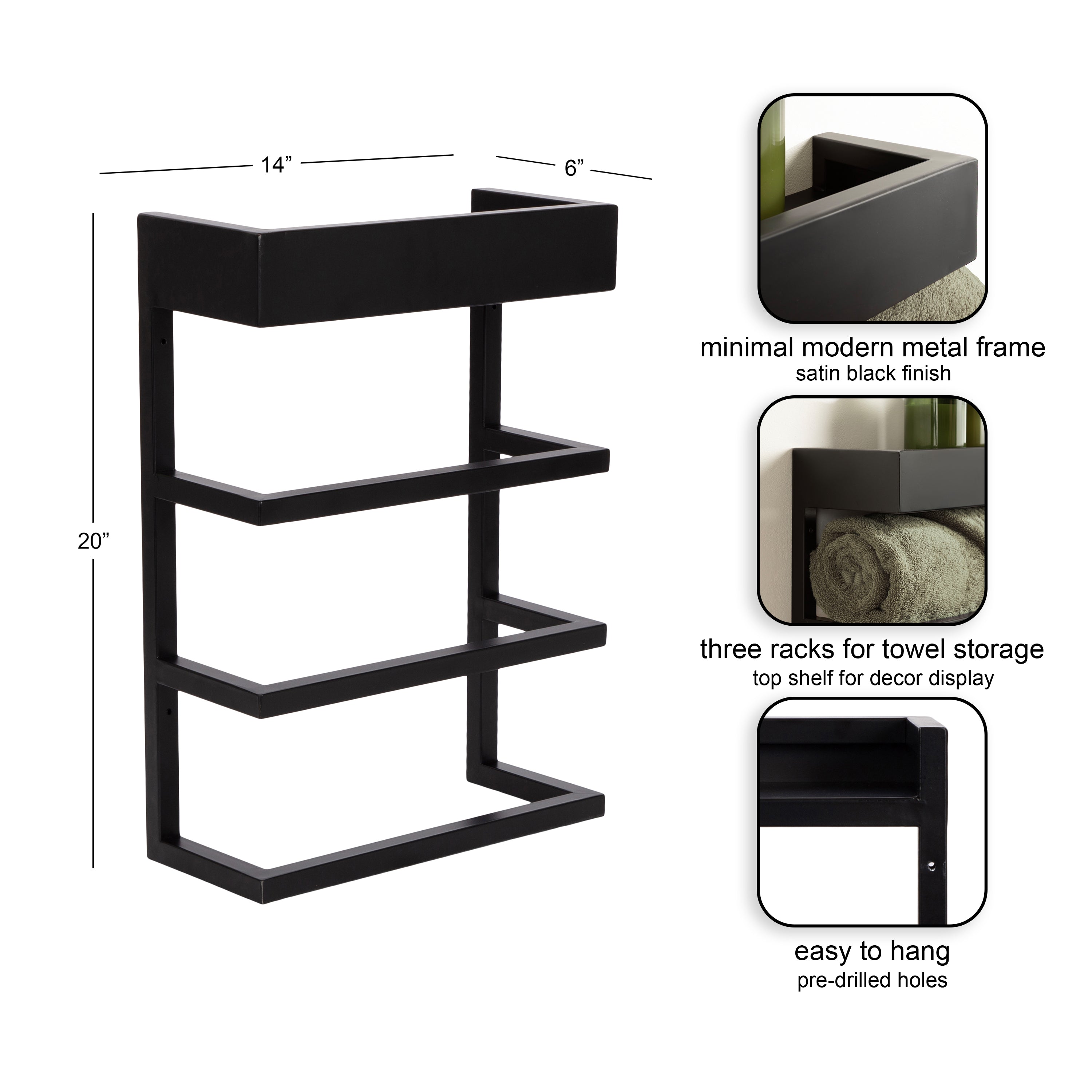 Towel Rack Black 14x6x20 2