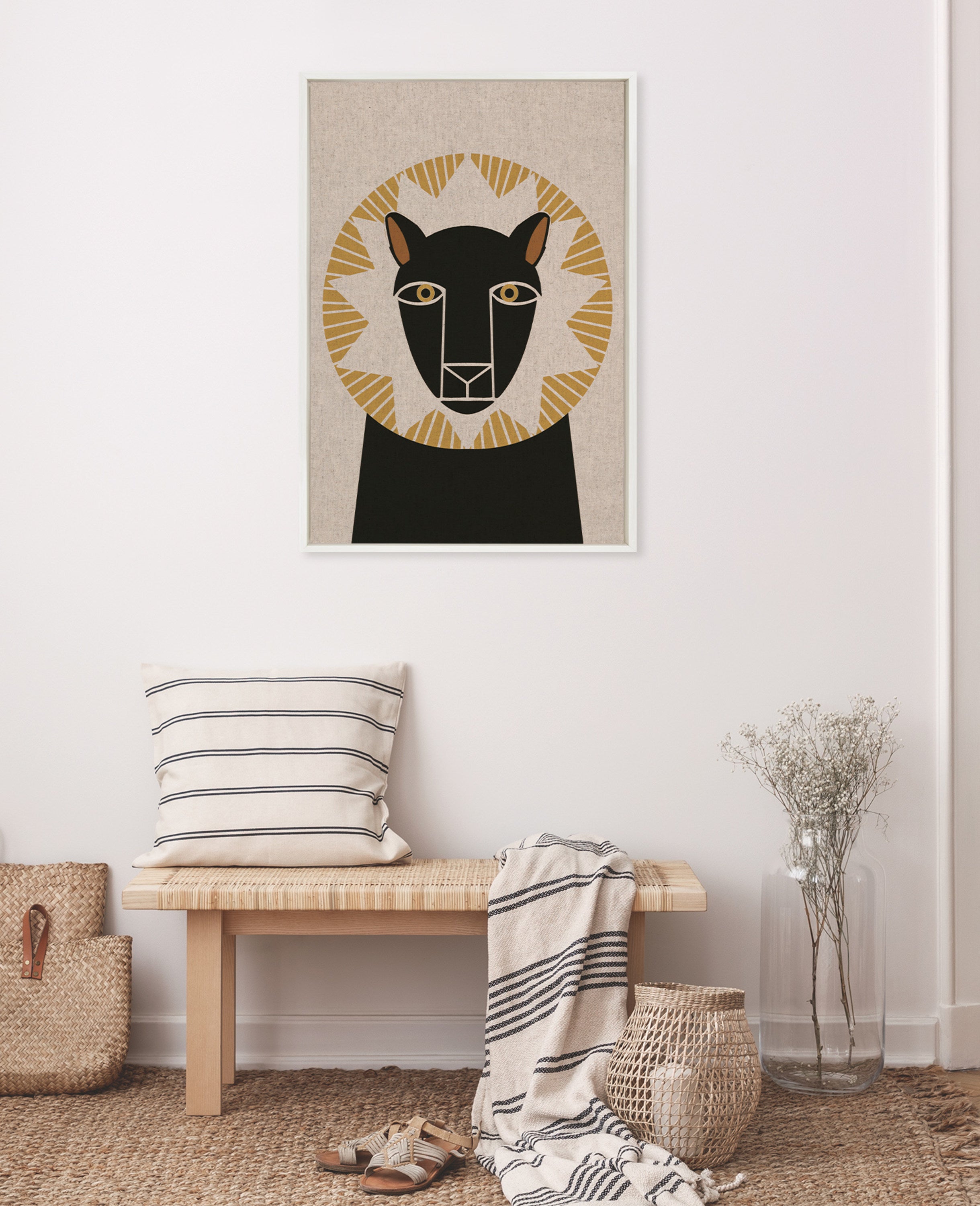 Sylvie Lion Profile Neutral Linen Framed Canvas by Hannah Beisang